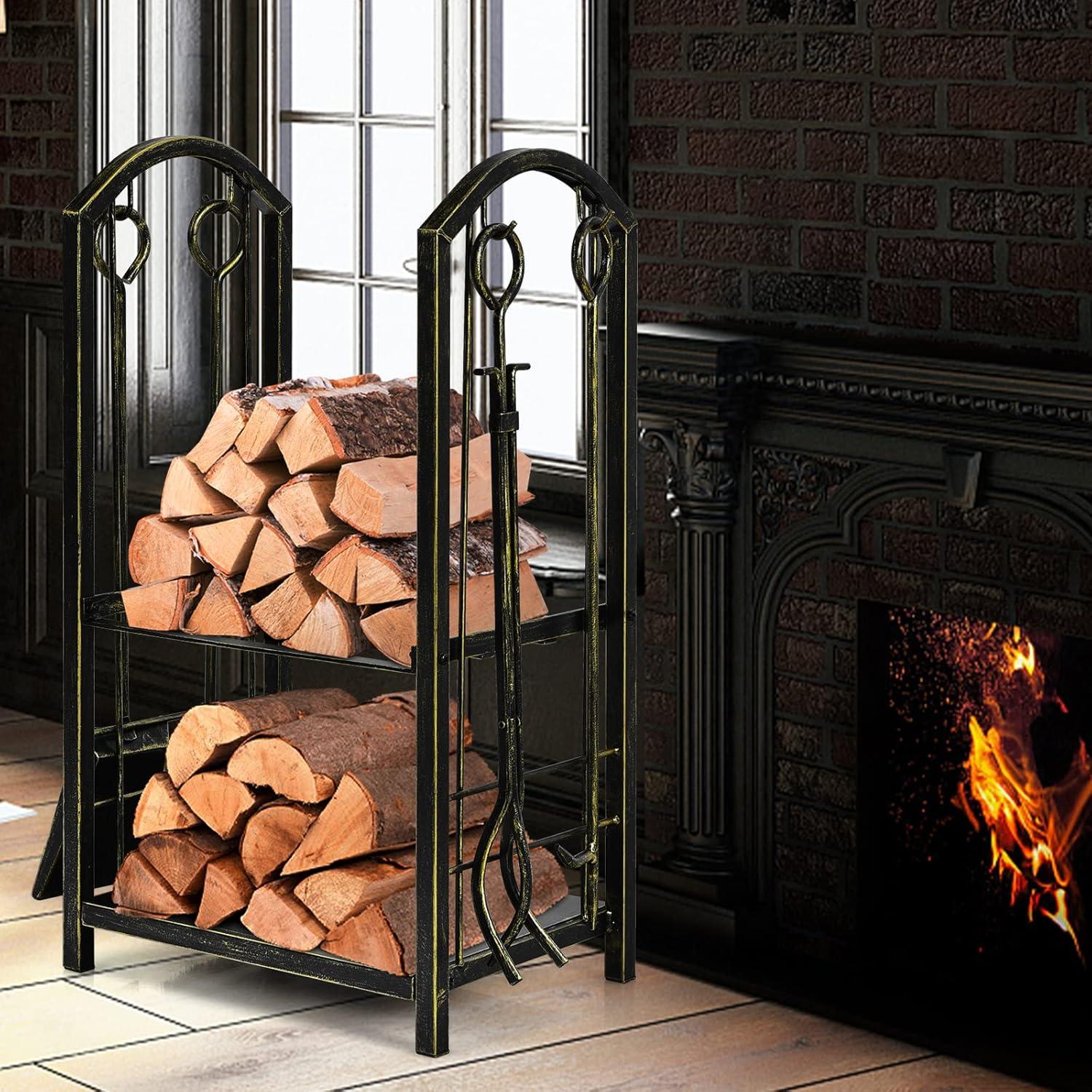 Kadyn Fire Wood Storage Racks, Firewood Holder,Firewood Frame,Firewood Shelf,Fireplace Log Rack with 4 Pieces Fireplace Tools-Bronze
