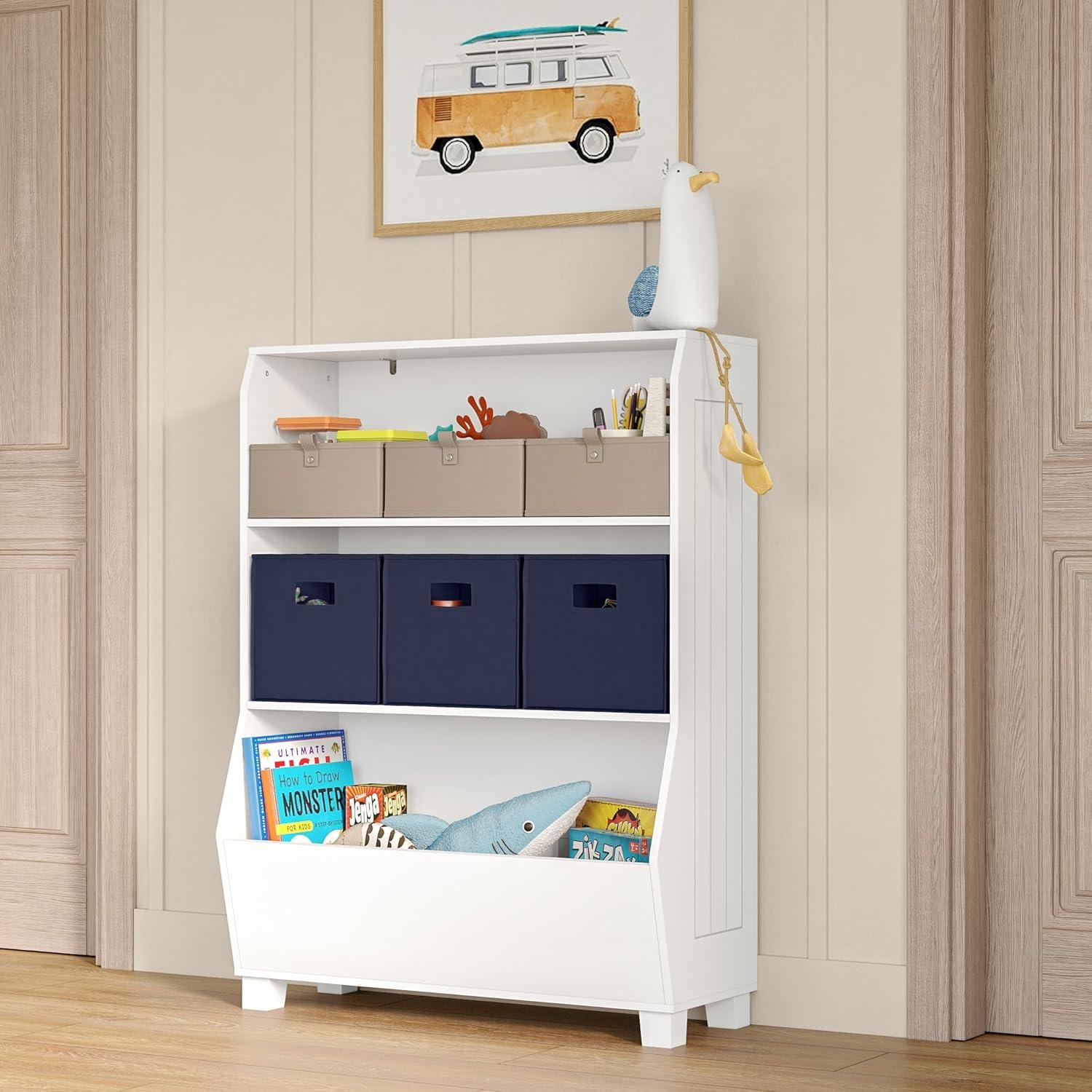 White Adjustable Kids Bookshelf with Toy Storage Bins