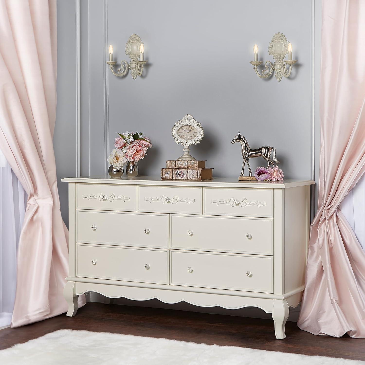 Evolur Aurora 7-Drawer Double Dresser, Ivory Lace, Spacious Drawers, classic