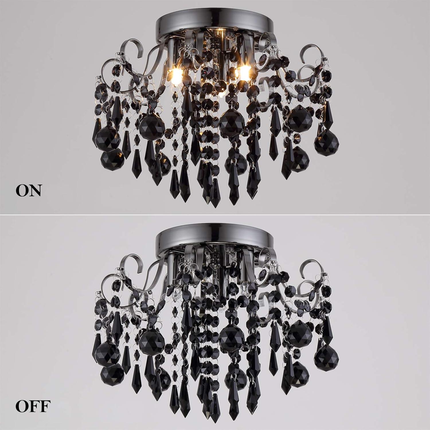 Q&S Small Crystal Chandelier Flush Mount Ceiling Light 3 Lights Modern Chrome Iron Raindrop Crystal Ceiling Fixture for Bedroom Hallway Closet Entryway Stairs
