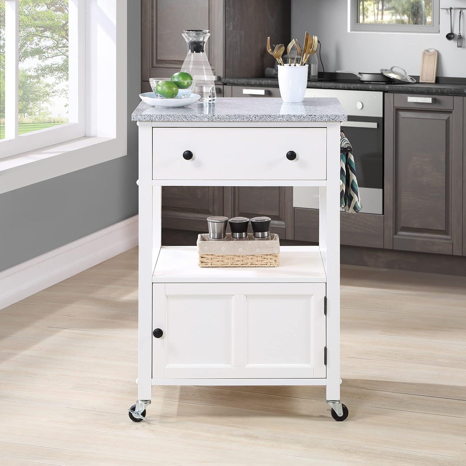 Fairfax Engineered Wood Kitchen Cart with Granite Top and White Base