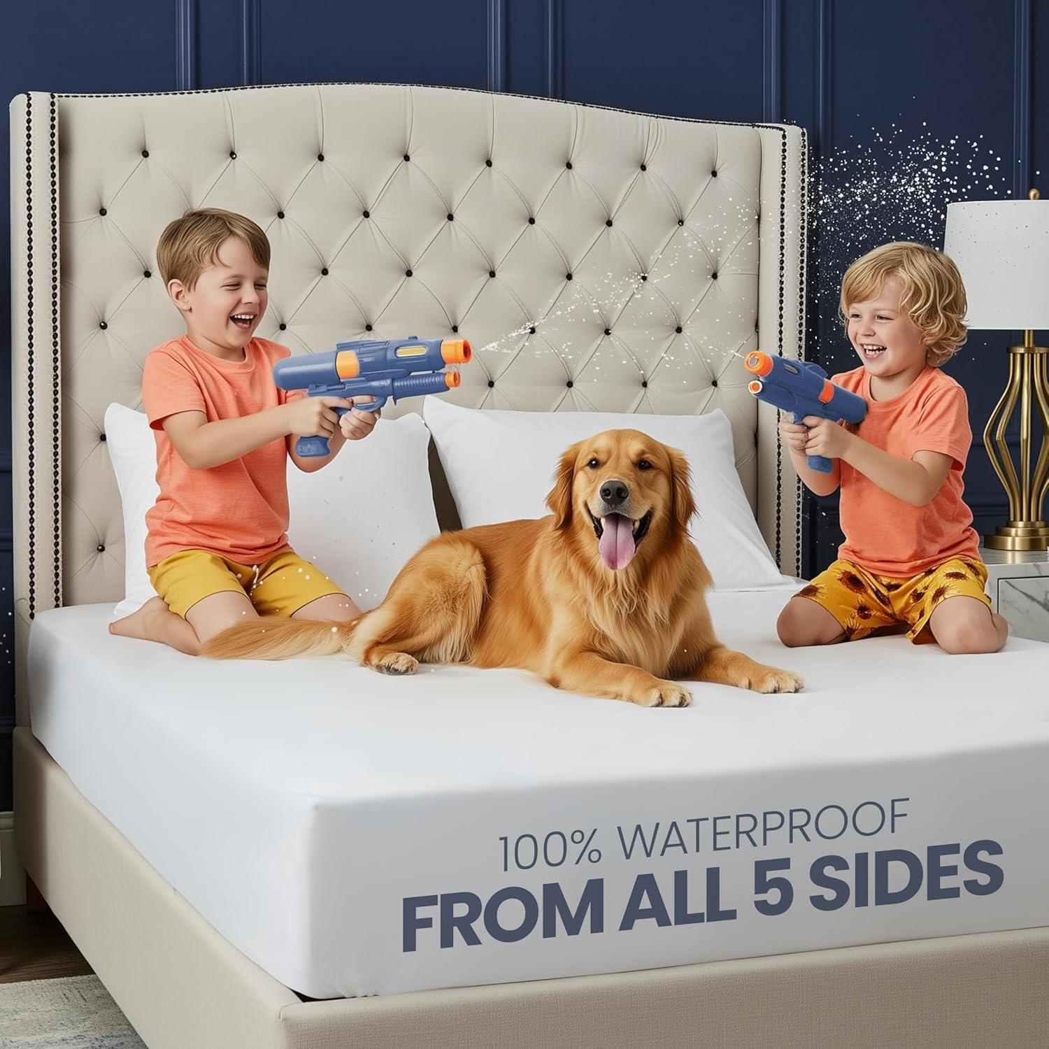 PEKUR Waterproof Mattress Protector – Fitted Sheet Style, Deep Pocket Cover Fits Up to 15 Inches, Washable & Breathable Mattress Topper