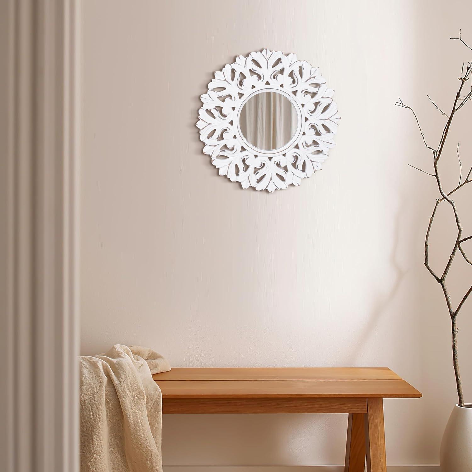 Rustic Carved Round Wall Mirror - 23.5"Dia. - White