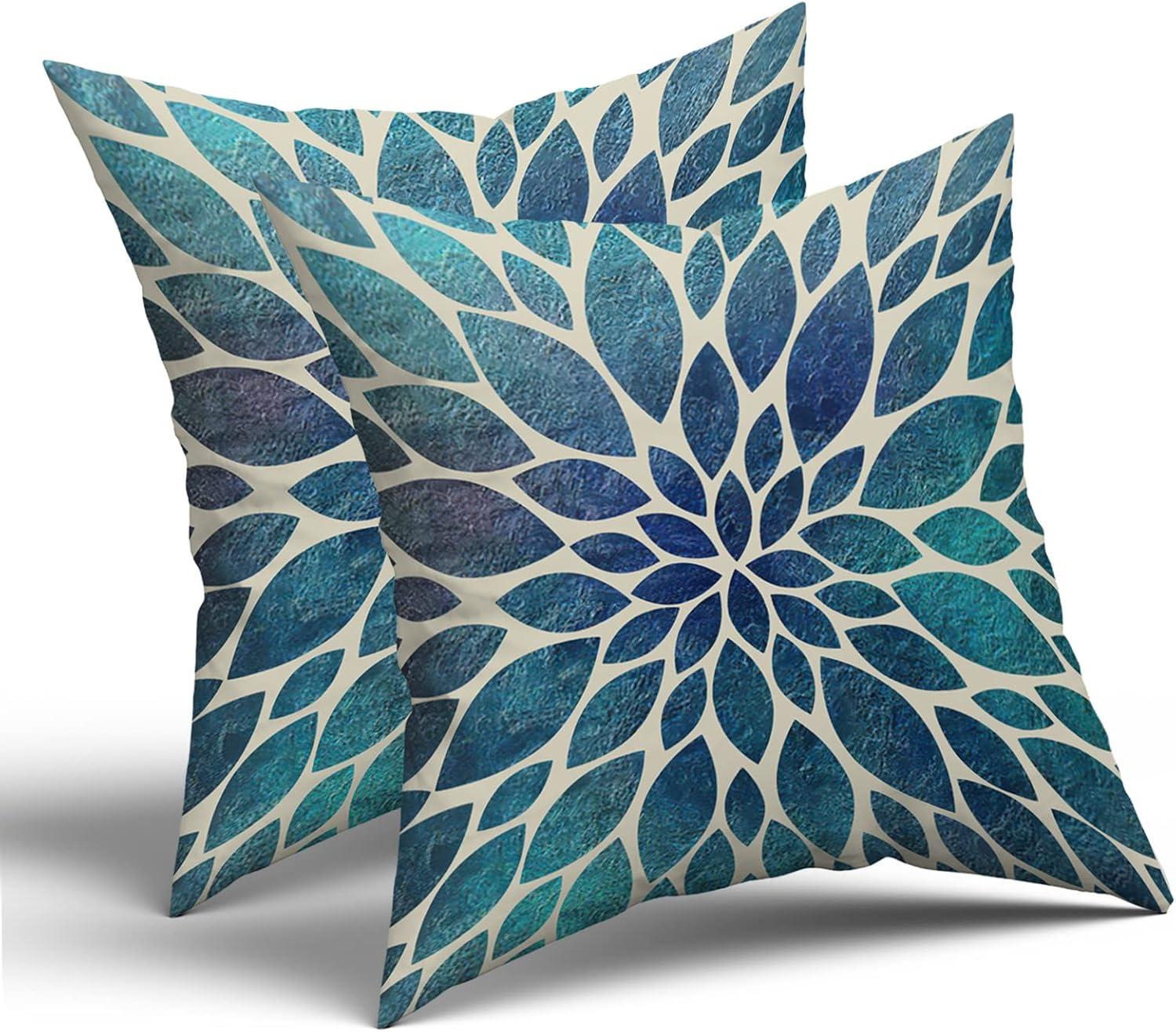 Navy Blue Teal Dahlia Floral Cotton Polyester Euro Pillow Covers