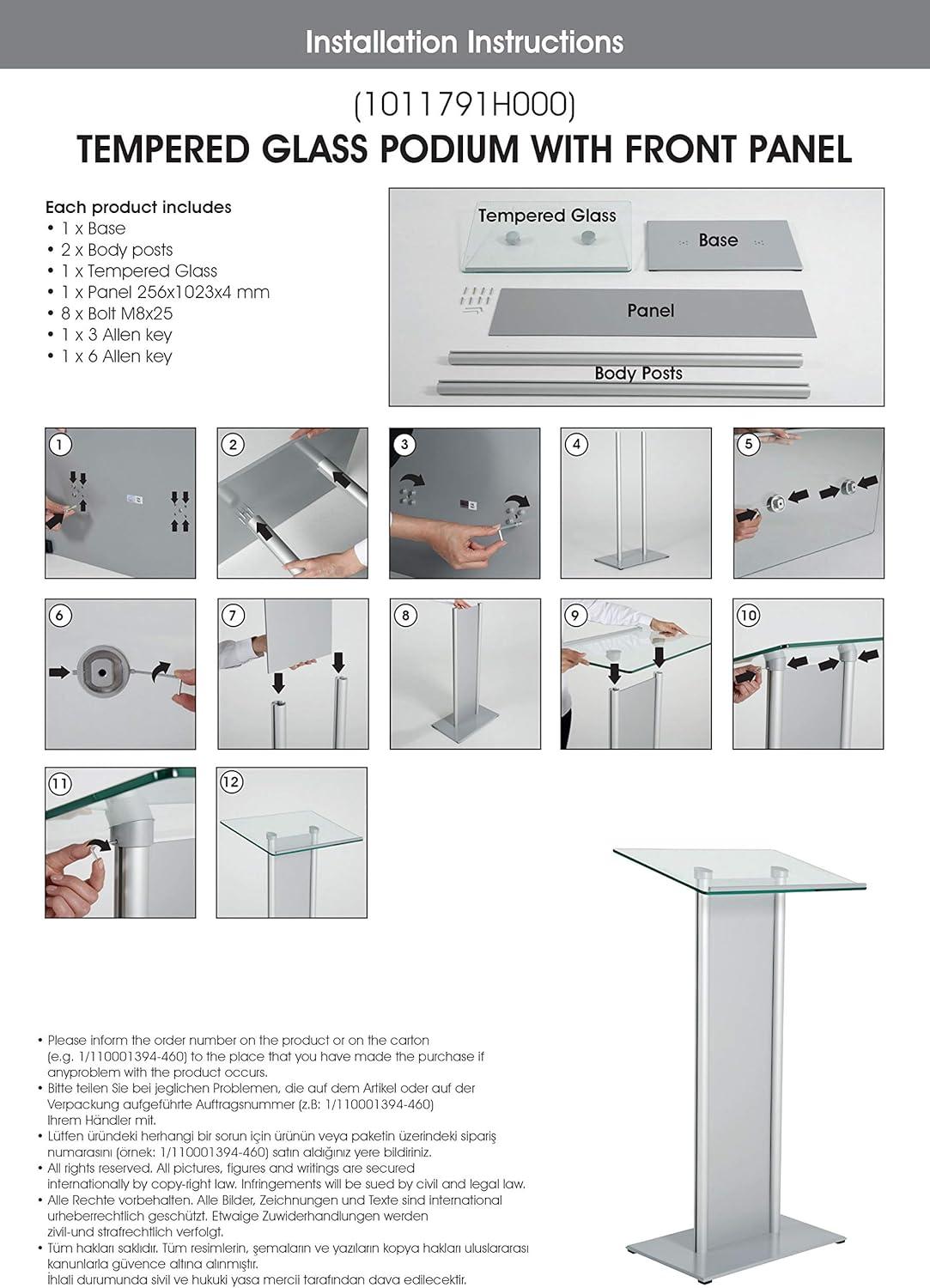 M&T Displays Tempered Clear Glass Podium with Aluminum Front Panel Black Aluminum Body and Base 43.9 Inch Height Floor Standing Lectern Pulpit Desk