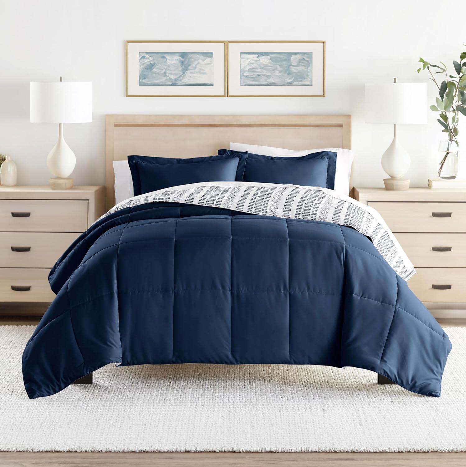 Navy and White Reversible Full Comforter Set with Microfiber