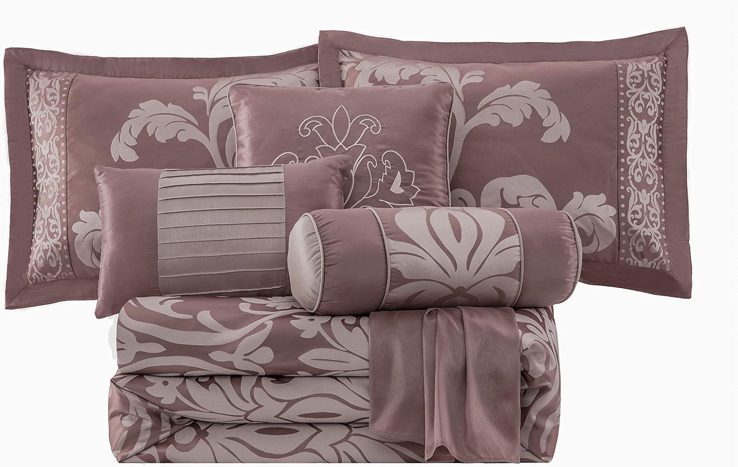 King Woodrose and Gray Jacquard Floral Comforter Set