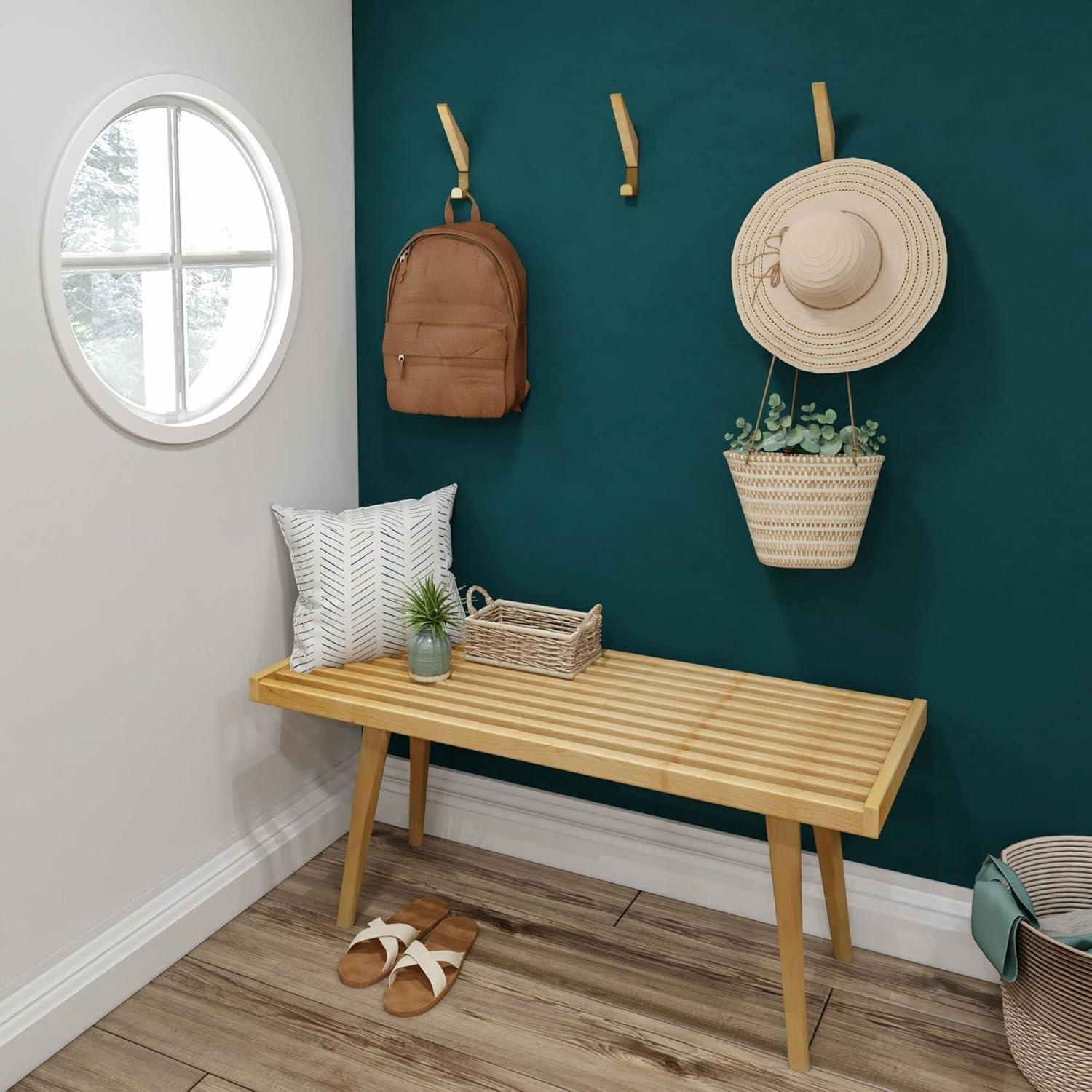 Natural Pine and Birch Mid-Century Modern Entryway Bench