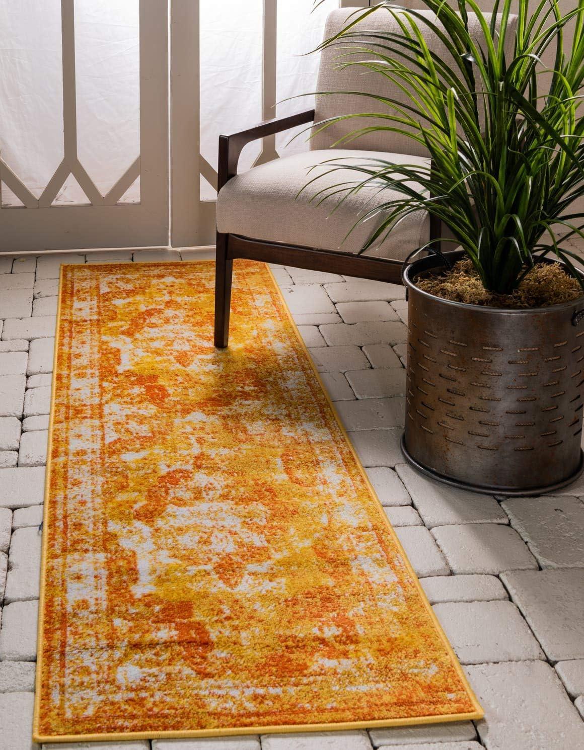 Orange and Yellow Synthetic Stain-Resistant Runner Rug