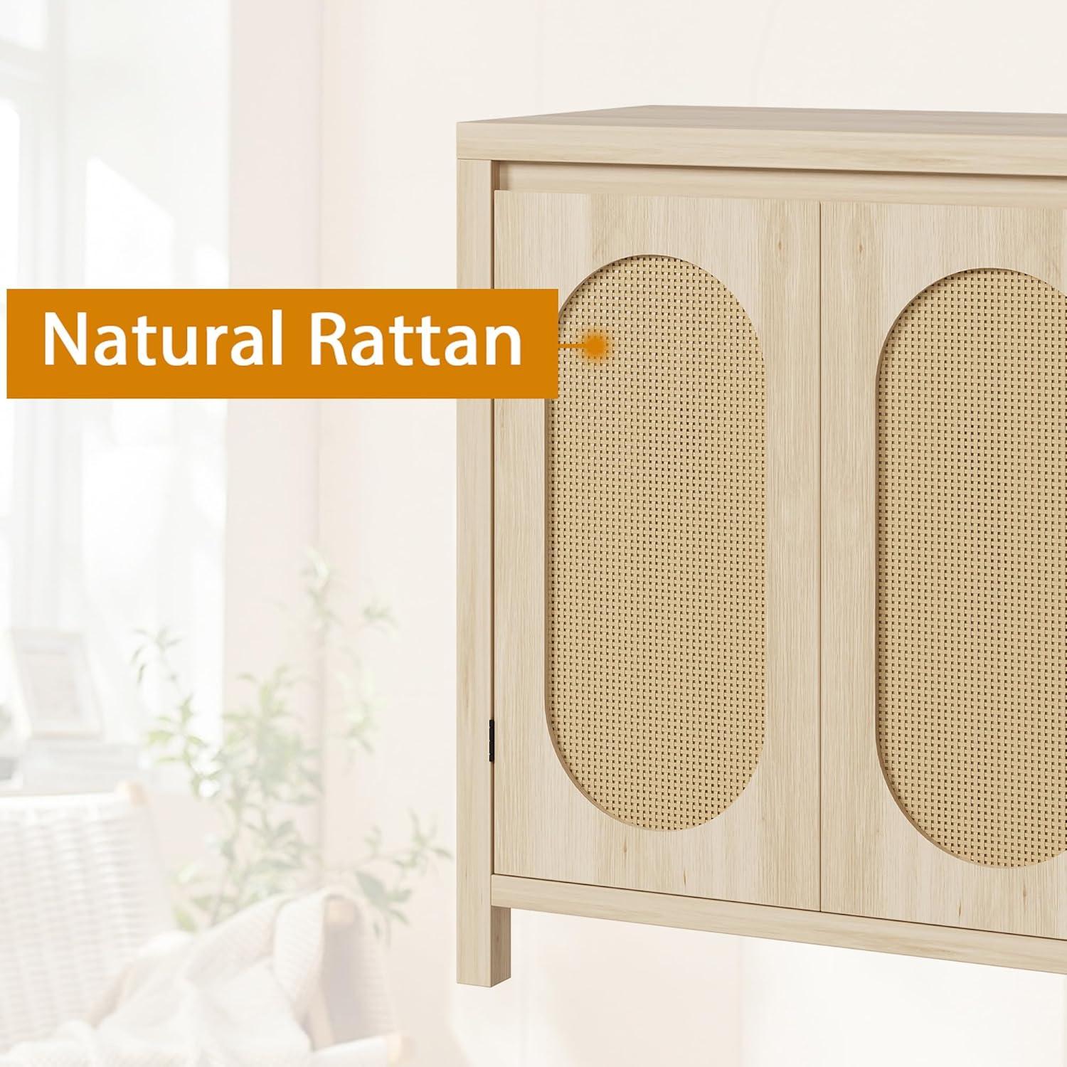 Rattan Storage Cabinet, Wooden Sideboard Buffet Cabinet with Doors and Shelves, Small Console Cabinet with Storage