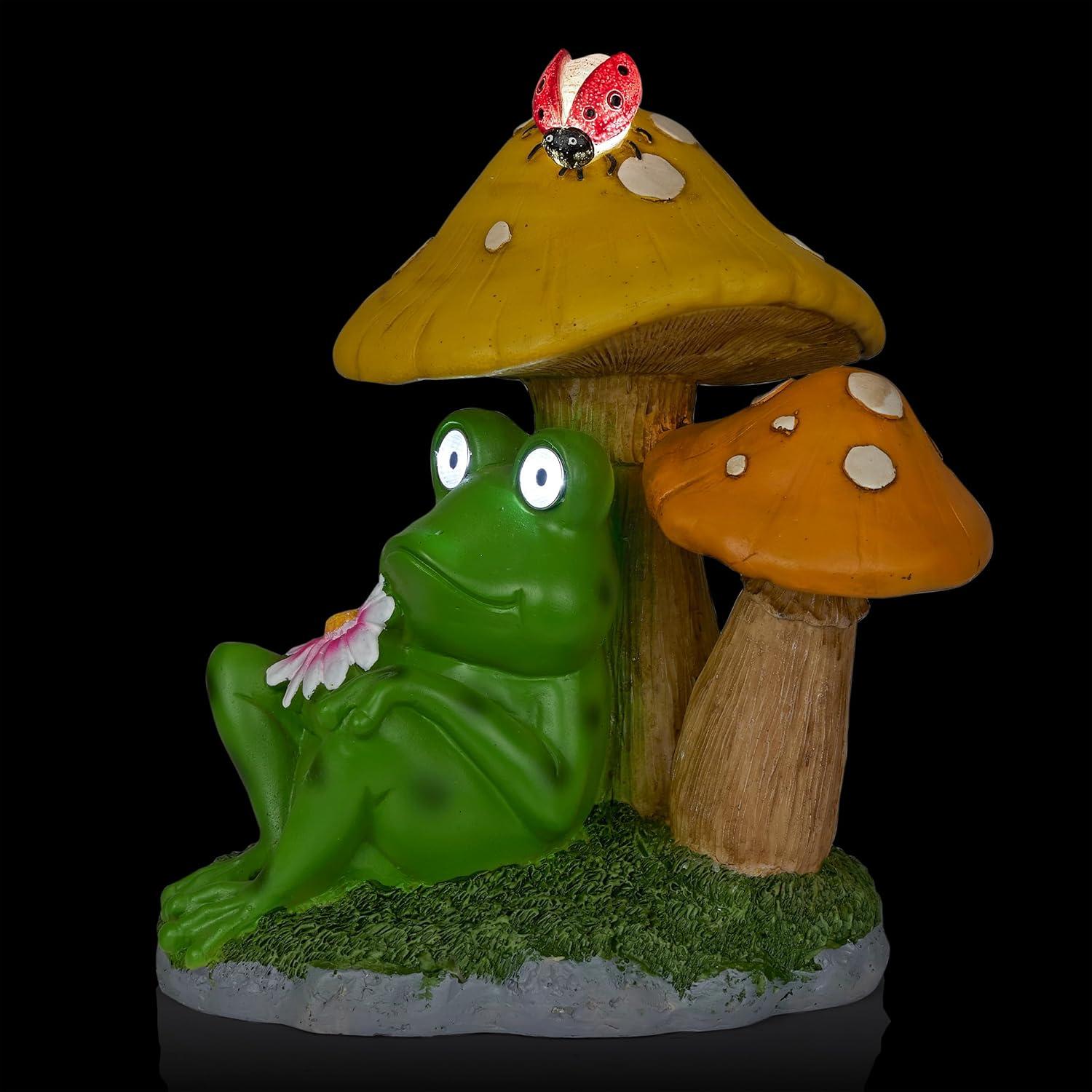 Alpine Corporation Frog Mushroom Statue With Solar: Whimsical Garden Decor, Polyresin, Ambient Glow