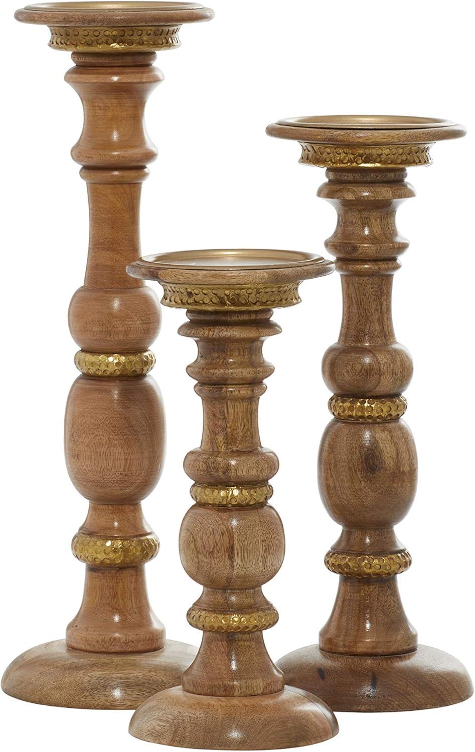 DecMode 18", 15", 12"H Wood Natural Candle Holder, Brown, 3 - Pieces