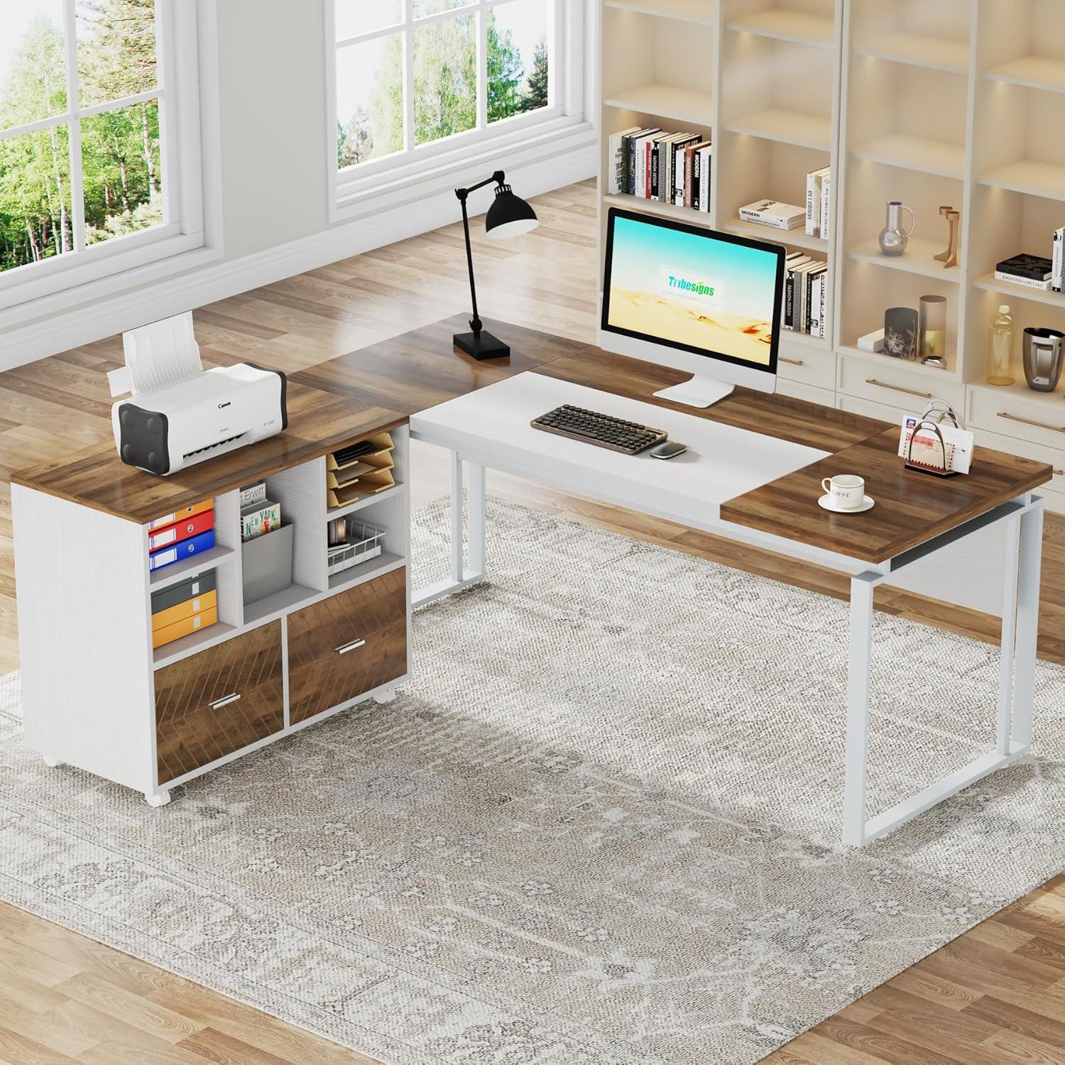 Oak Karo and White L-Shaped Executive Desk with Reversible File Cabinet