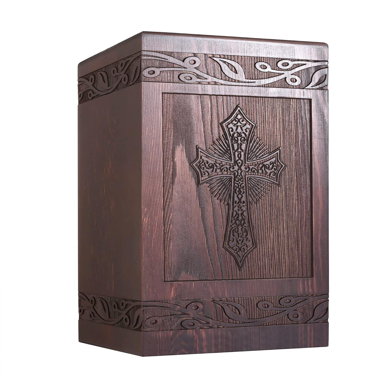 Cremation Urns for Human Ashes Adult Male Female, Wooden Carved Cross Urns Box and Casket for Ashes Men Women Child, Pets Cat Dog Urn, Burial Funeral Memorial Urns for Ashes, Holds 222 Cubic Inch