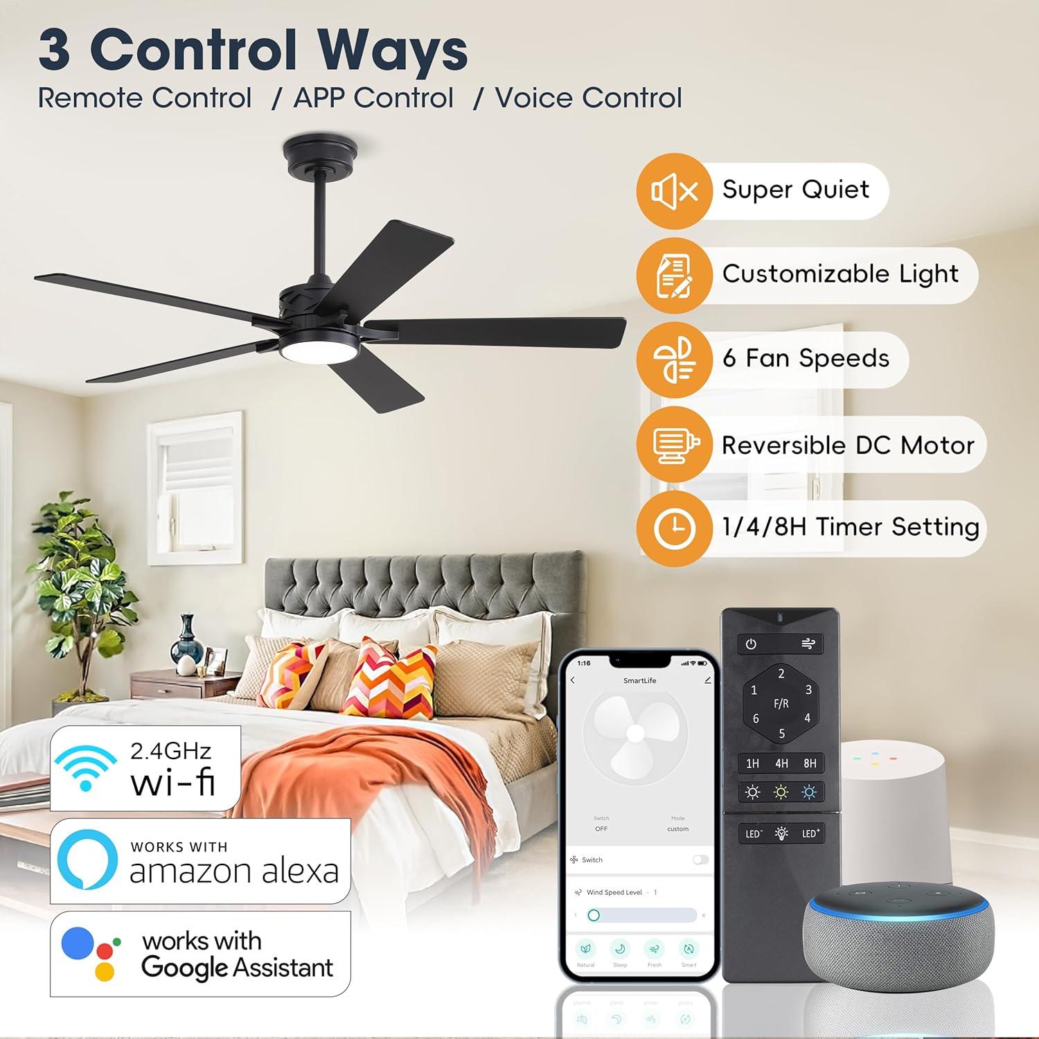 52" 5 Baldes Smart Wifi Ceiling Fan with Remote and Dimmable LED Light Dark Wood