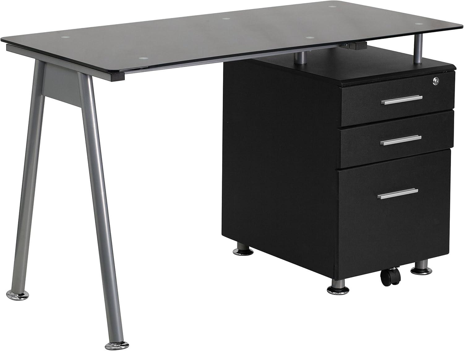 Emma and Oliver Black Glass Computer Desk with Three Drawer Pedestal