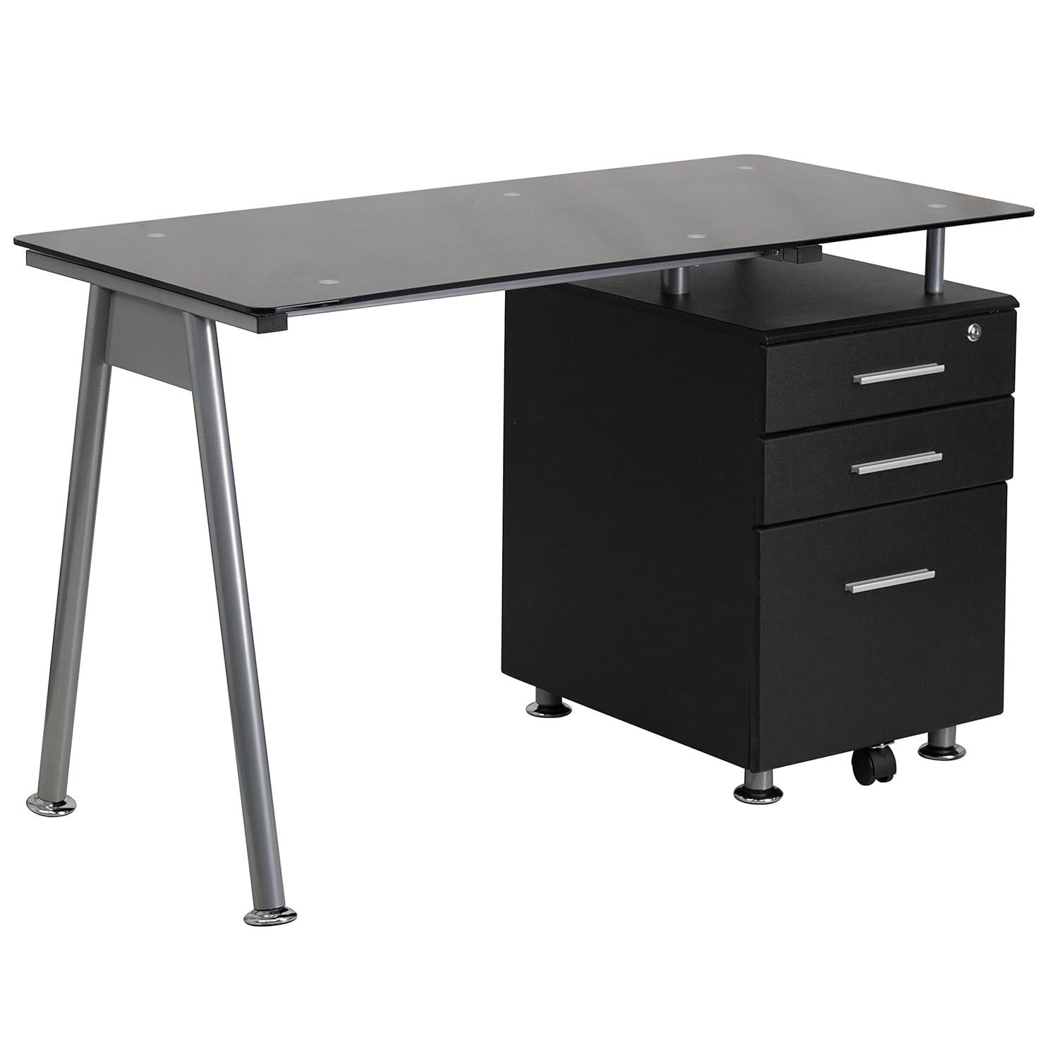 Emma and Oliver Black Glass Computer Desk with Three Drawer Pedestal