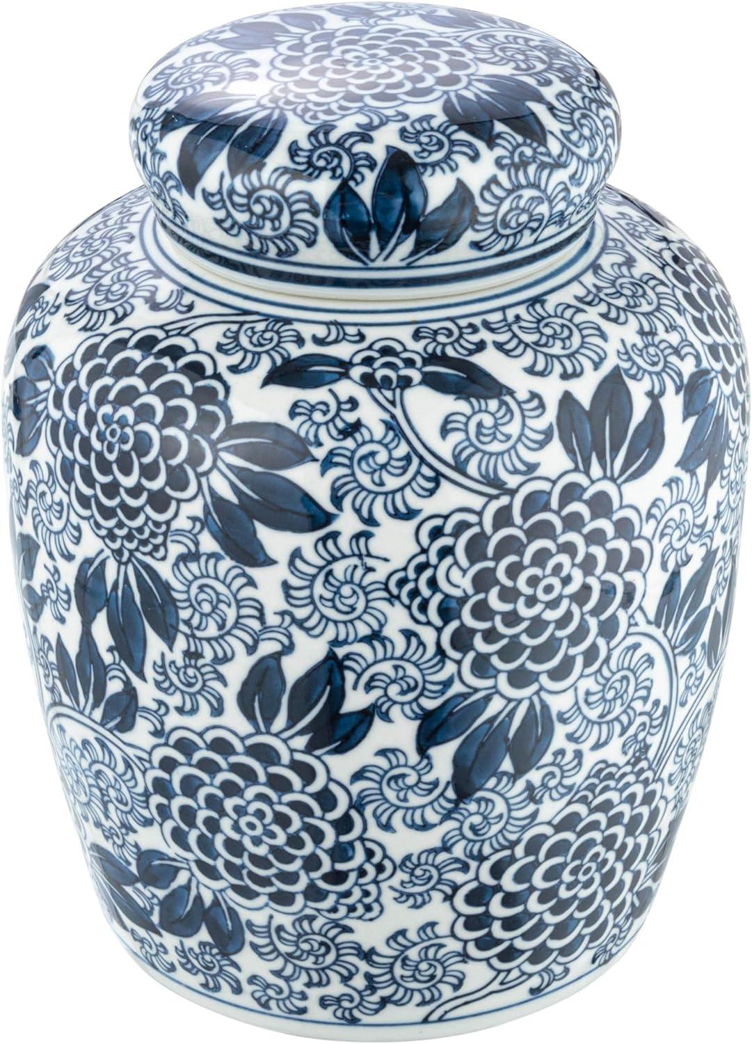 Blue and White Ceramic Floral Ginger Jar with Lid