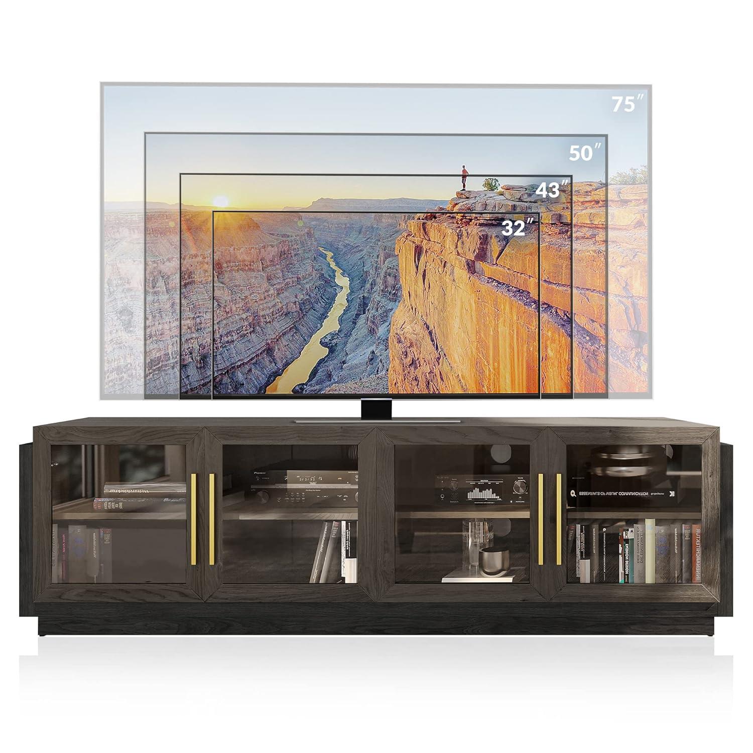 BELLEZE 70" TV Stand for TVs up to 75", Modern TV Stand & Entertainment Center with Shelves, Wood Storage Cabinet for Living Room or Bedroom - Brixston (Brown)
