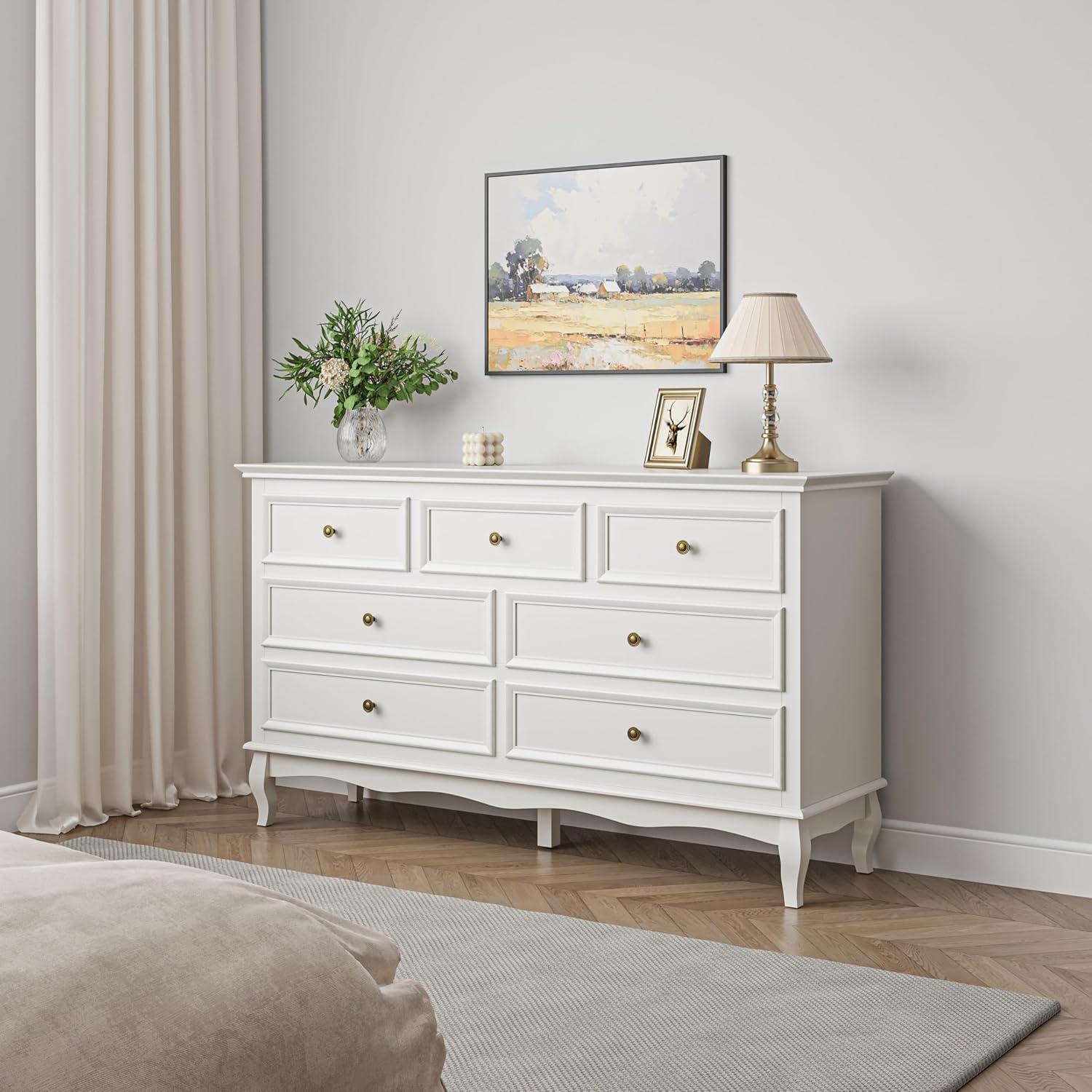 White 7-Drawer Dresser with Solid Wood Legs and Painted Finish