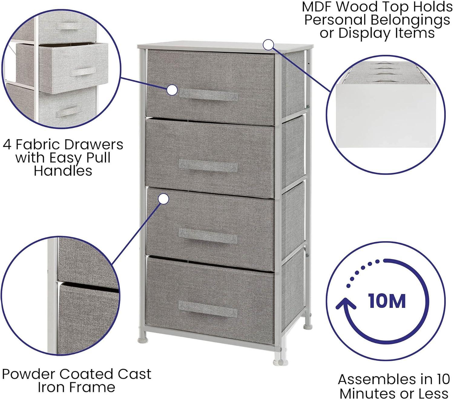 Flash Furniture 4 Drawer Wood Top Cast Iron Frame Vertical Storage Dresser with Easy Pull Fabric Drawers