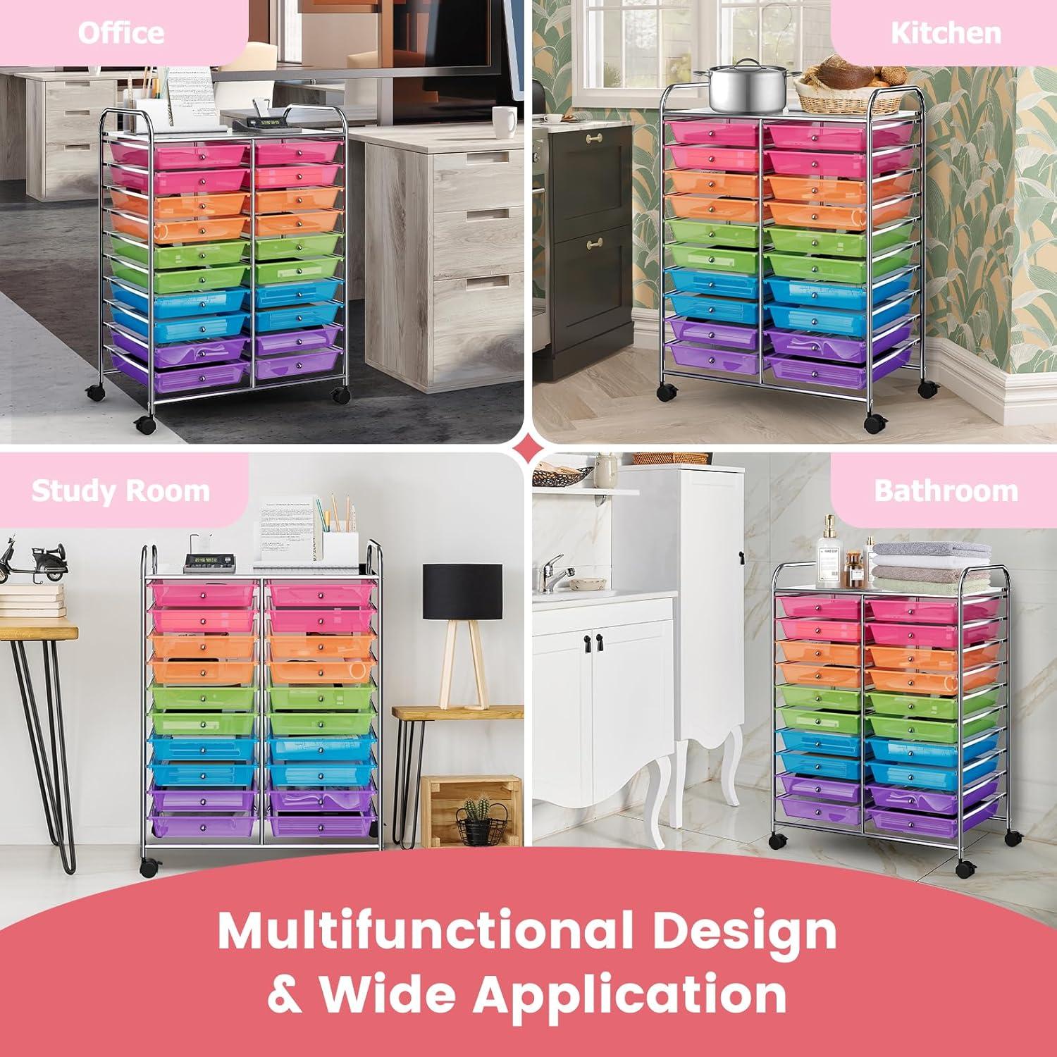 20-Drawer Organizer Cart Tools, Mobile Utility Storage Cart with Detachable Drawers & Lockable Wheels, Rolling Storage Cart with wheels for Home Office School(Multicolor)