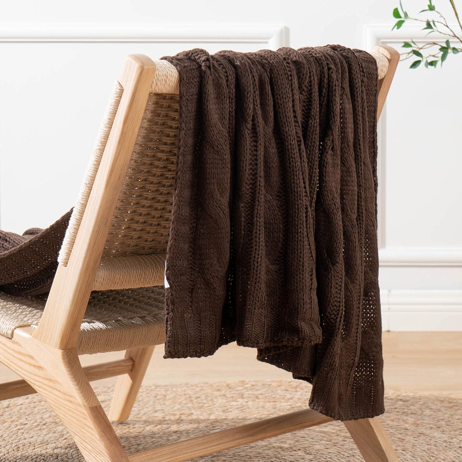 Battilo Brown Cable Knit Blankets, Herringbone Decorative Knitted Throw,Housewarming Gifts,50"x60"