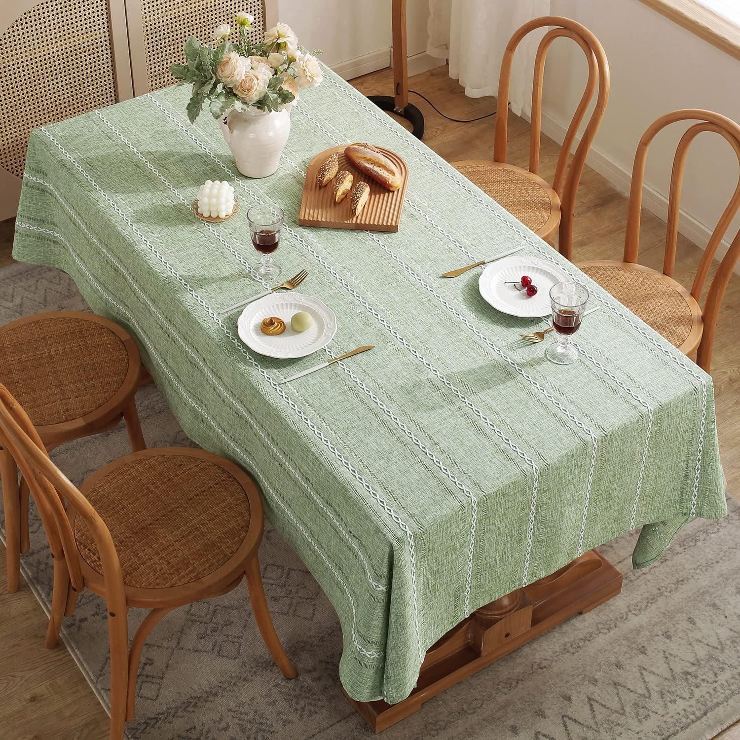 Sage Green Embroidered Cotton Linen Rectangular Tablecloth