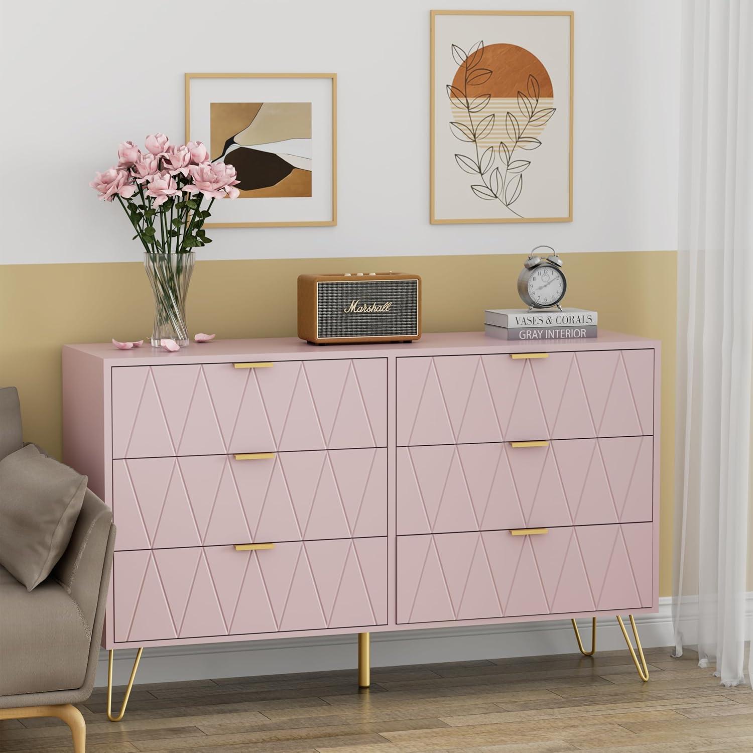 Large Pink Modern 6-Drawer Dresser with Gold Handles