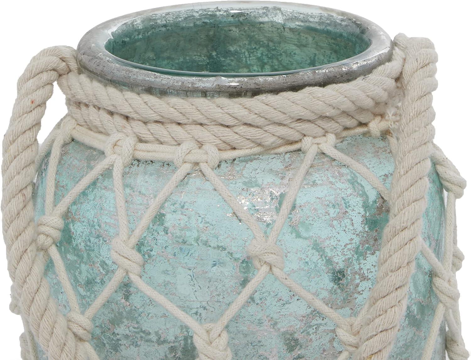DecMode Blue Glass Decorative Candle Lantern with Rope Handle
