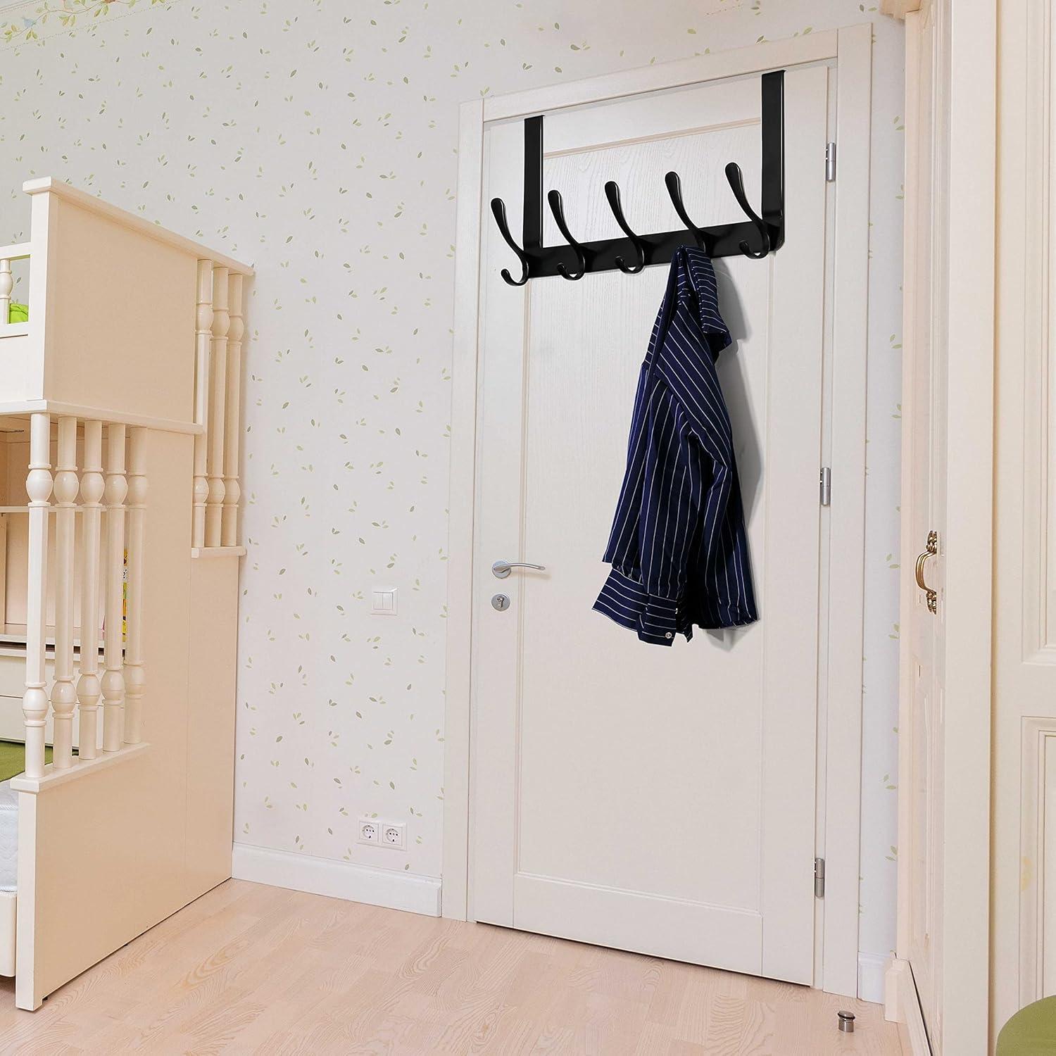 WEBI Over The Door Hook,Door Hanger Hook Rack with 5 Tri Hooks for Hanging Coats,Over Door Towel Rack Door Coat Towel Hanger Door Coat Rack for Bathroom,Behind Back of Door,Black