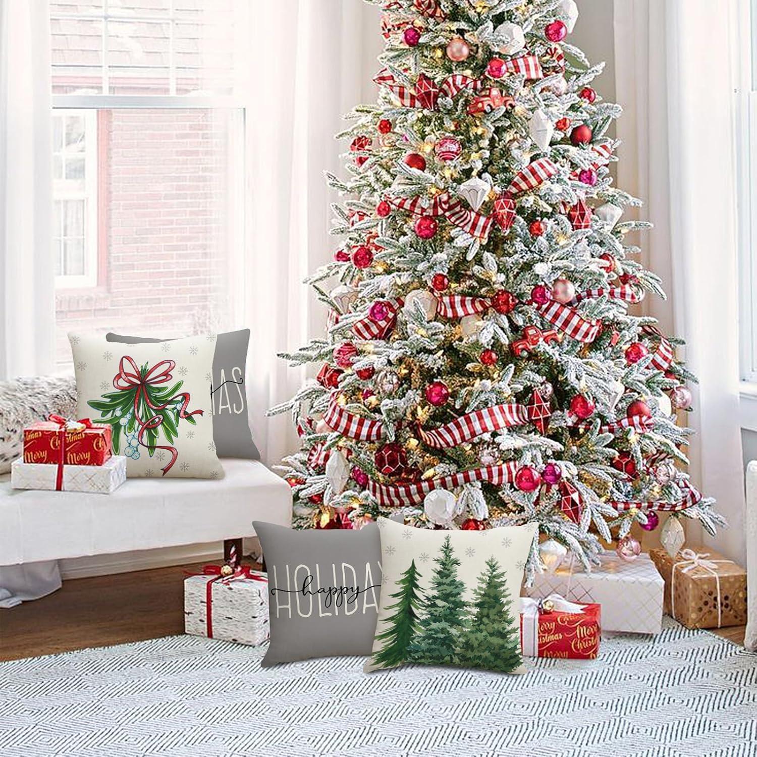 Christmas Pillow Covers 18 x 18 Inch Set of 4  Grey Merry Xmas Tree Snow Hello Winter Decorative Throw Pillowcases Farmhouse Holiday Pillow Cases Decoration for Sofa Couch AA273-18