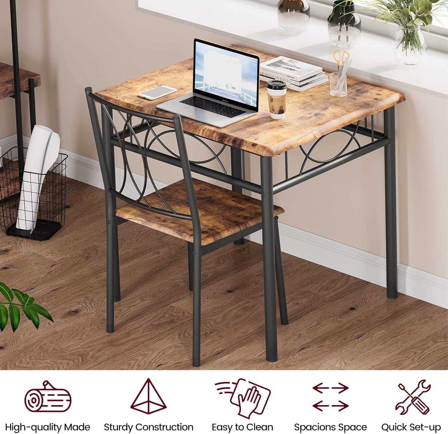 Rustic Brown Square MDF and Metal Dining Table Set with 2 Chairs