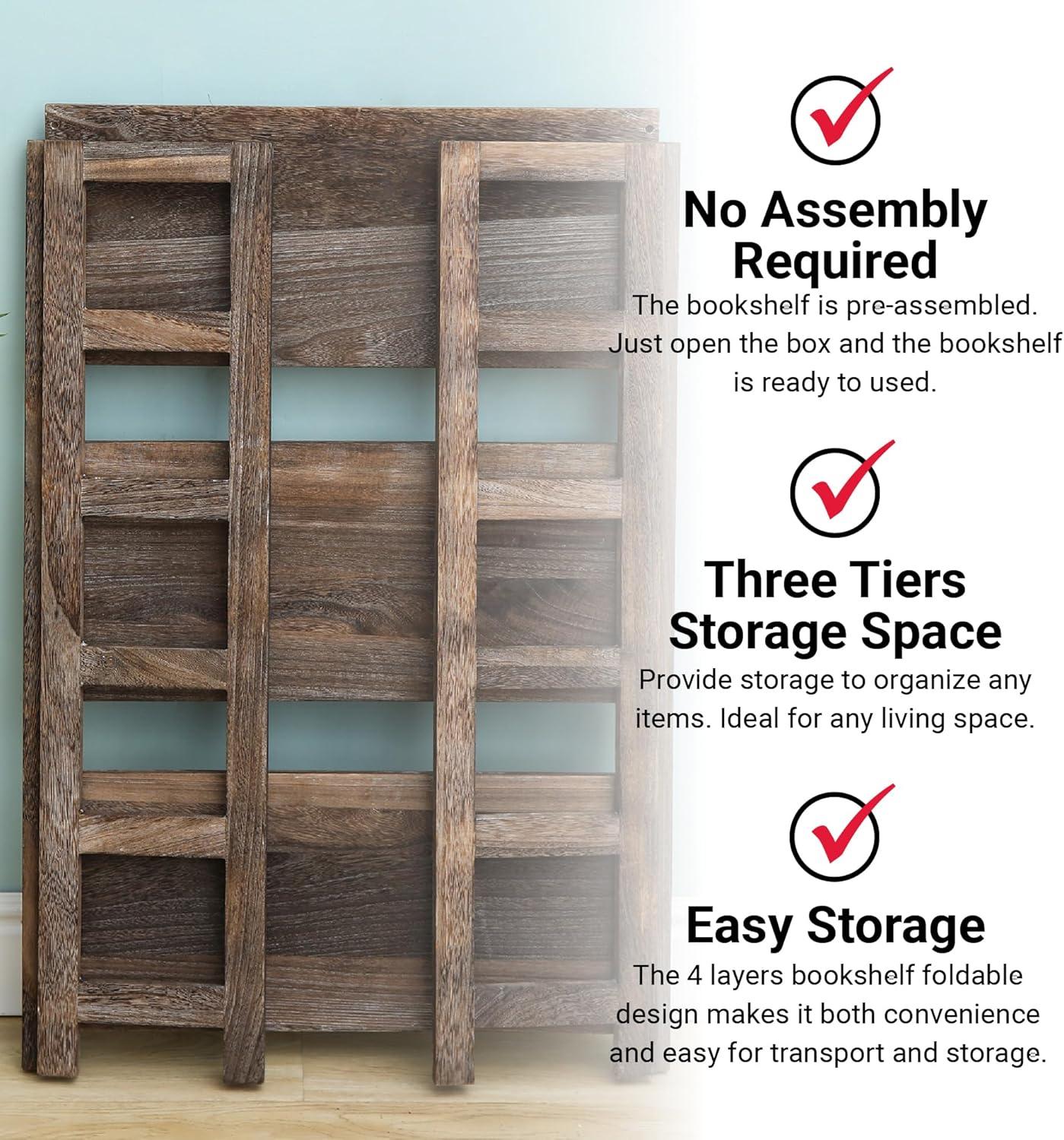 Proman Product Hickory 4 Layers Folding Bookshelf, Paulownia Wood, Walnut Color