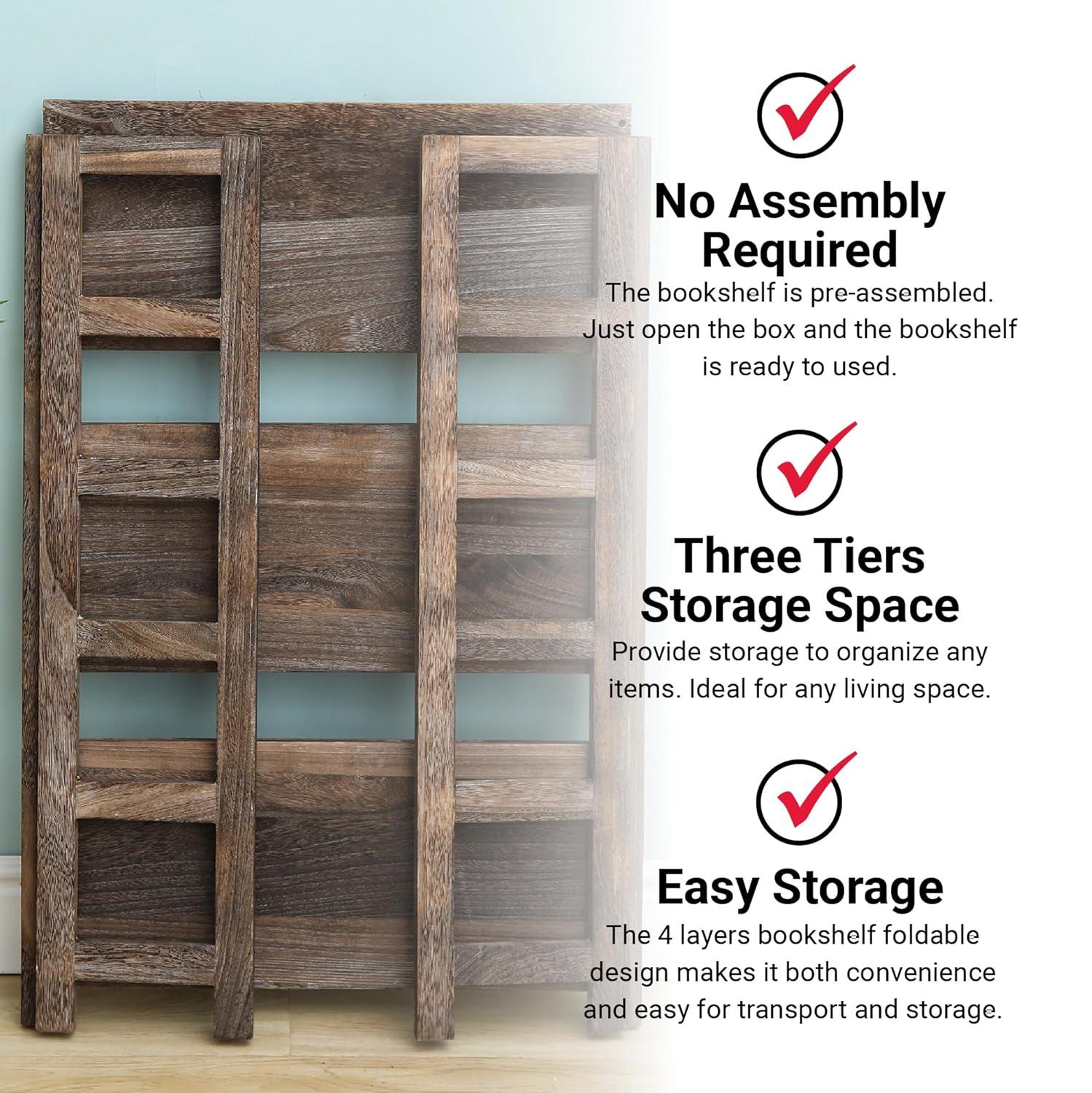 Proman Product Hickory 4 Layers Folding Bookshelf, Paulownia Wood, Walnut Color