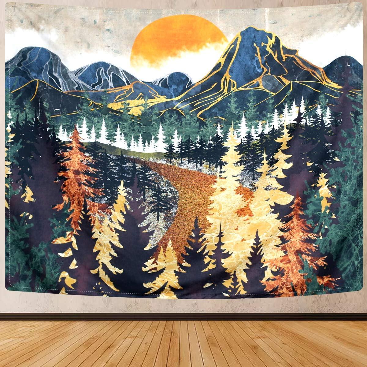 Mountain Tapestry Wall Hanging Forest Trees Art Tapestry Sunset Tapestry Road in Nature Landscape Home Decor for Room (51.2 x 59.1 inches)