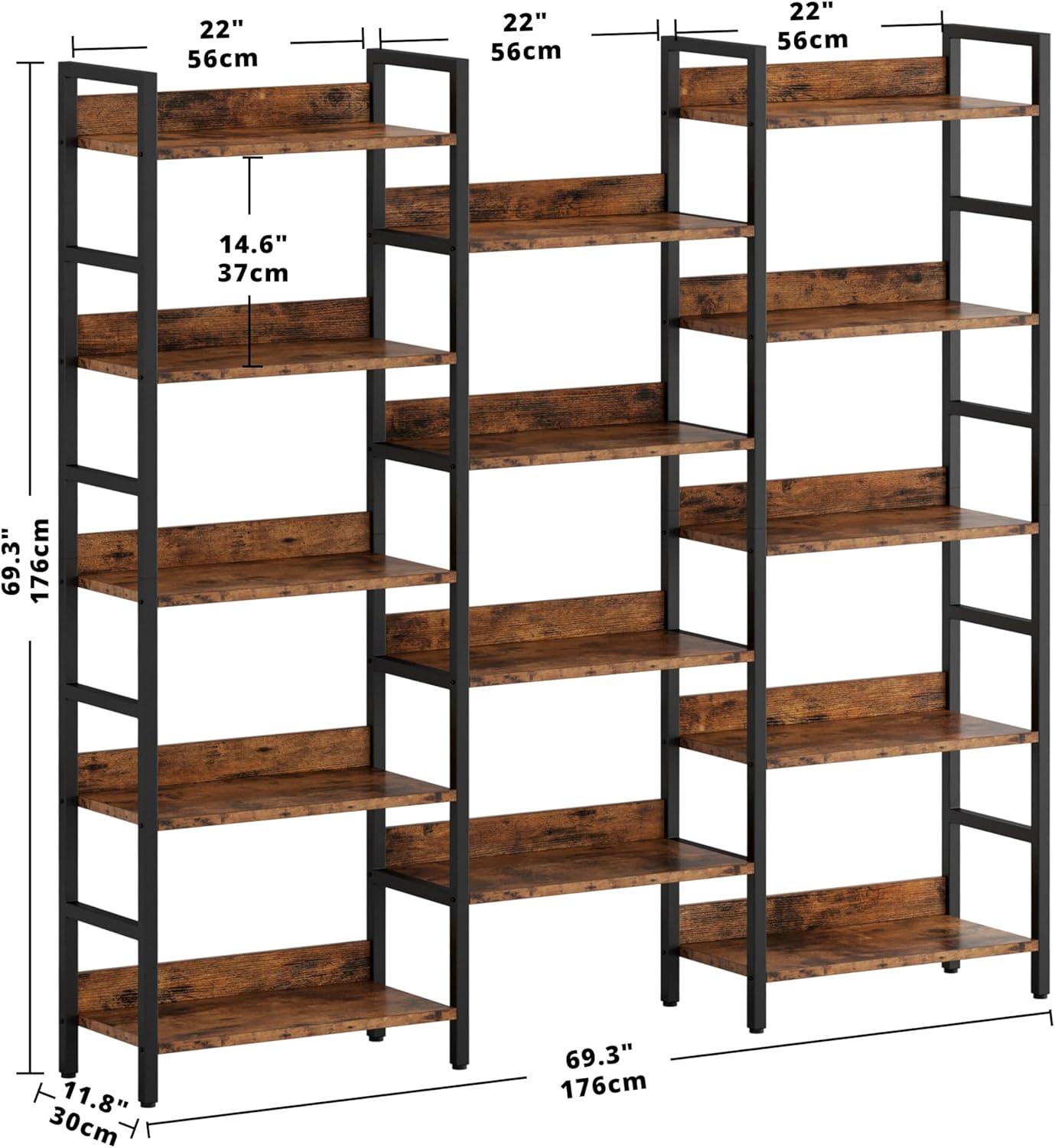 Industrial Brown Triple Wide 5-Tier Bookshelf with Metal Frame