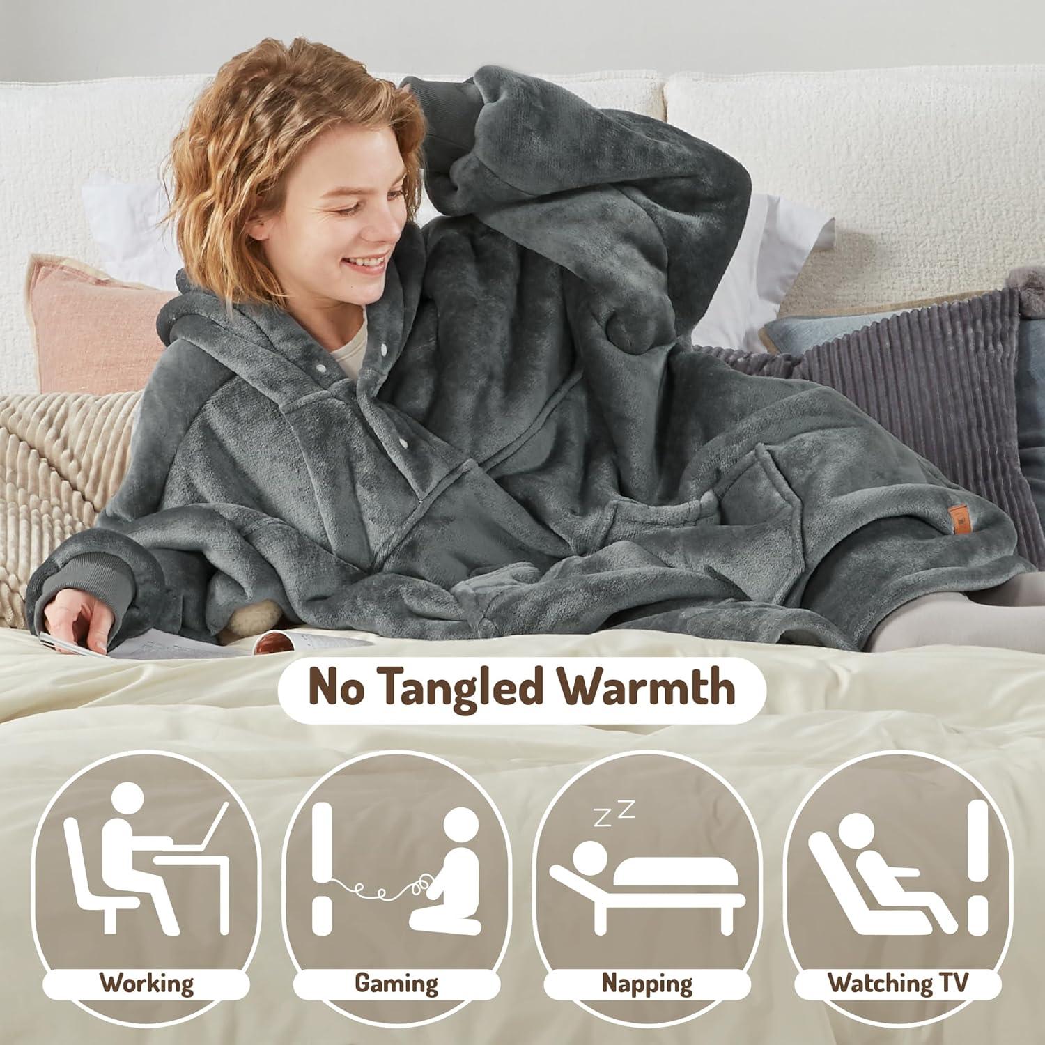 Gray Fleece Sherpa Hooded Heated Wearable Blanket