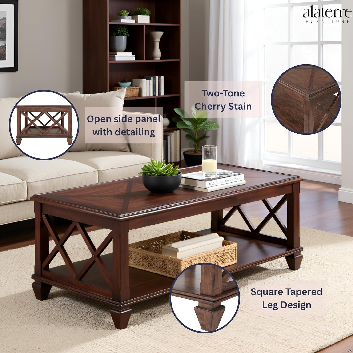 45" Bridgton Wood Coffee Table Cherry - Alaterre Furniture: Mid-Century Modern, Lower Shelf