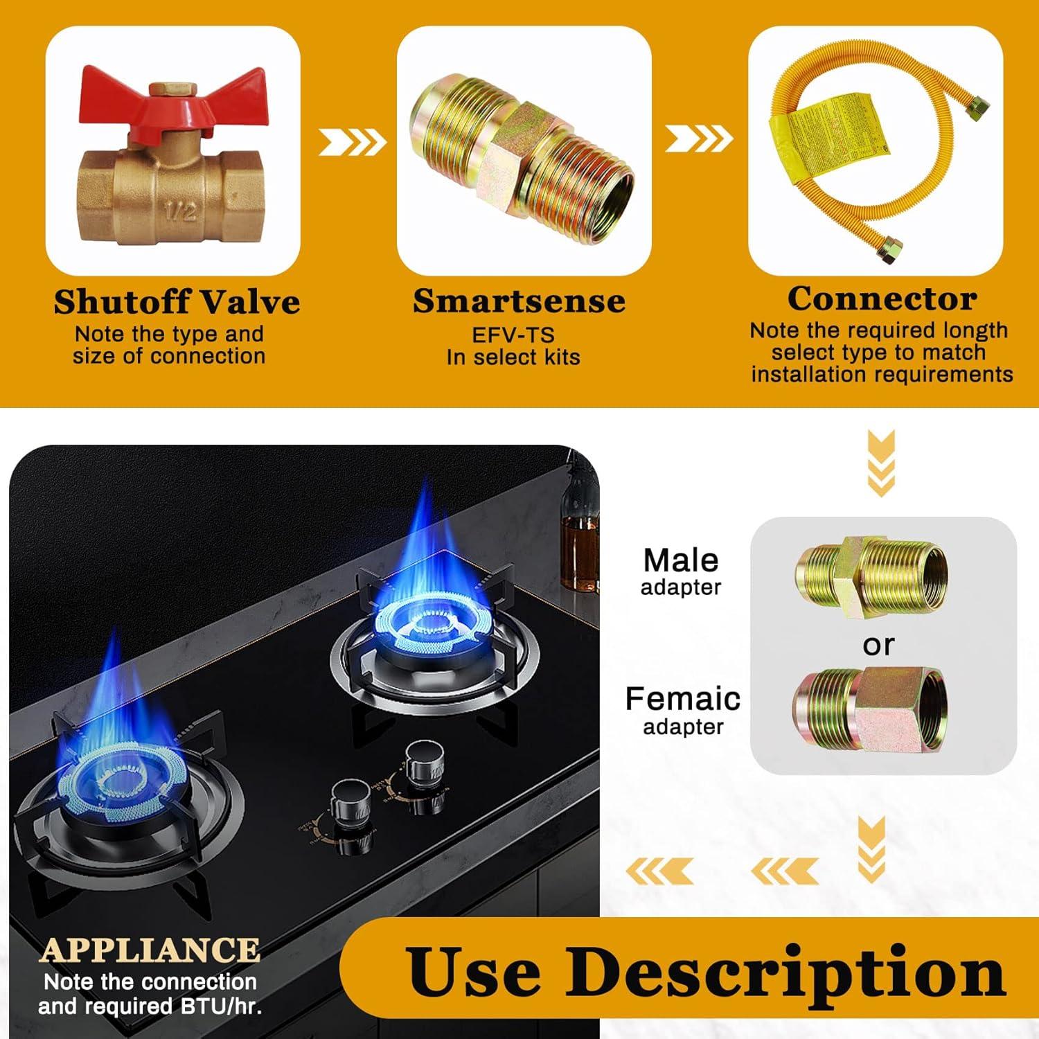 60" Flexible Gas Line Kit for Dryer, Stove, Range, Stainless Steel Gas Dryer Connector Kit, 5/8 in.OD(1/2 in. ID）Dryer Gas Line with Connector 1/2" FIP & 1/2" MIP & 3/4" MIP Fitting