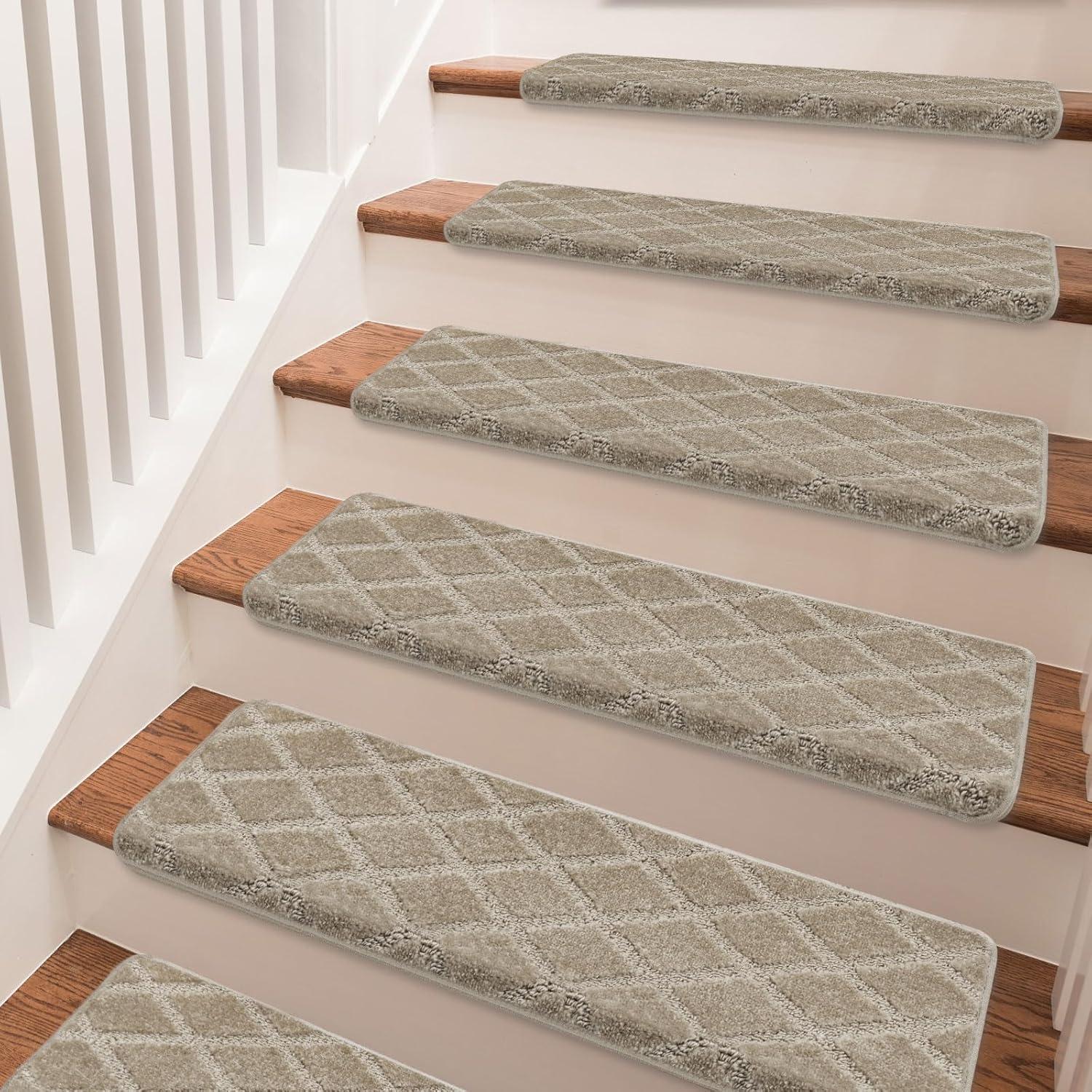 PURE ERA Bullnose Carpet Stair Treads Protectors for Wooden Steps 9.5" x 30"x1.2" Pet Friendly Tape Free Non-Slip (Set of 14 Pieces,Cream Gray Diamond Trellis)