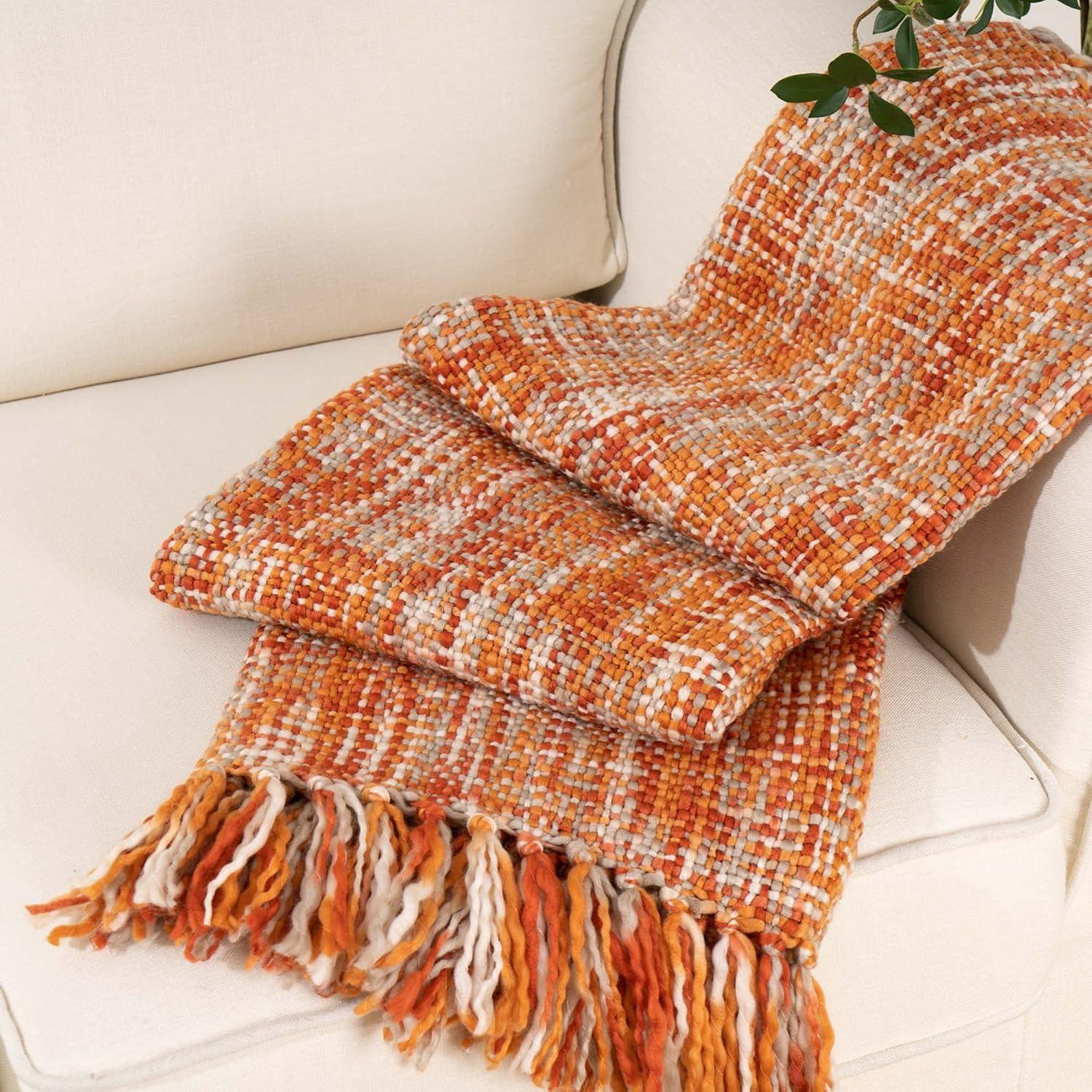 Orange Ochre Knitted Acrylic Throw Blanket with Fringes, 50"x60"