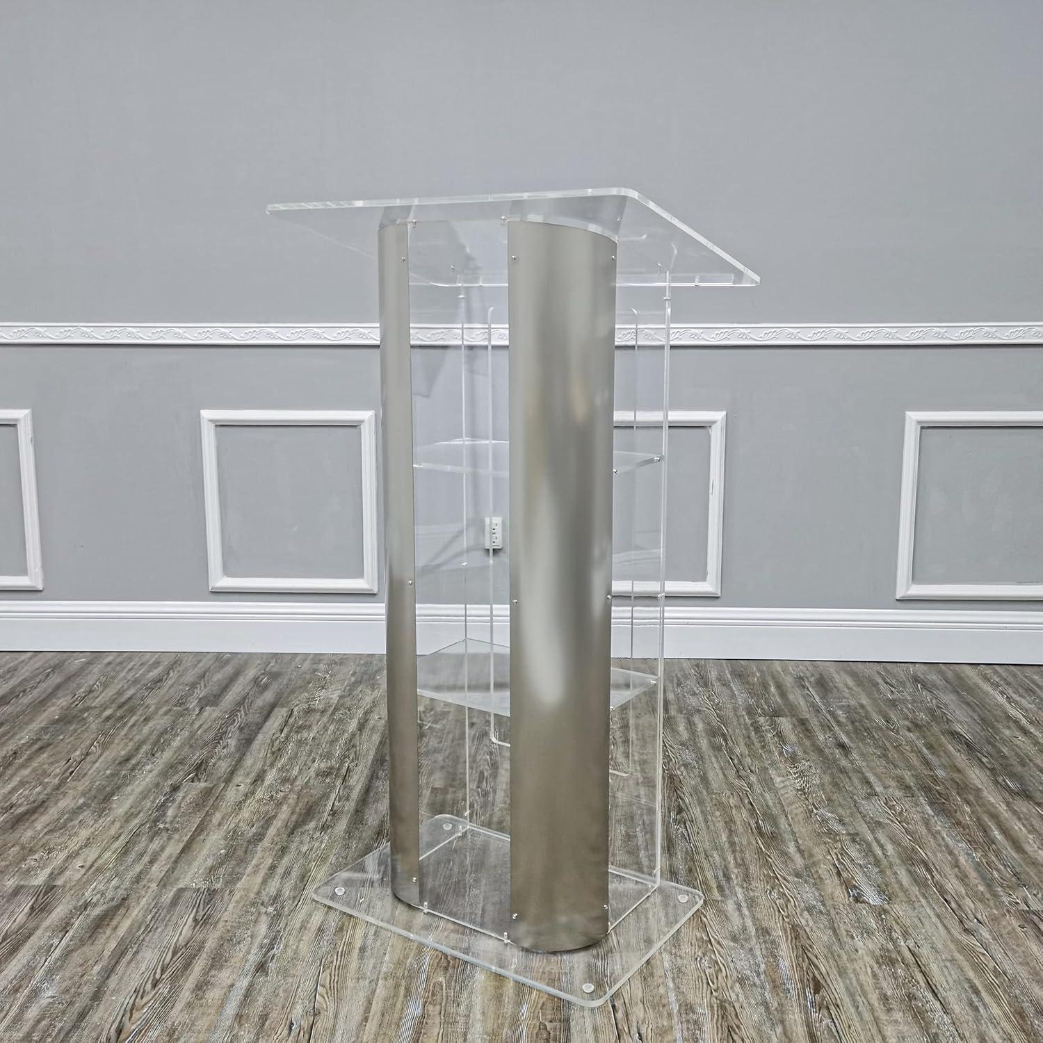 Clear Acrylic Plexiglass Podium Curved Brushed Stainless Steel Sides Pulpit Lectern