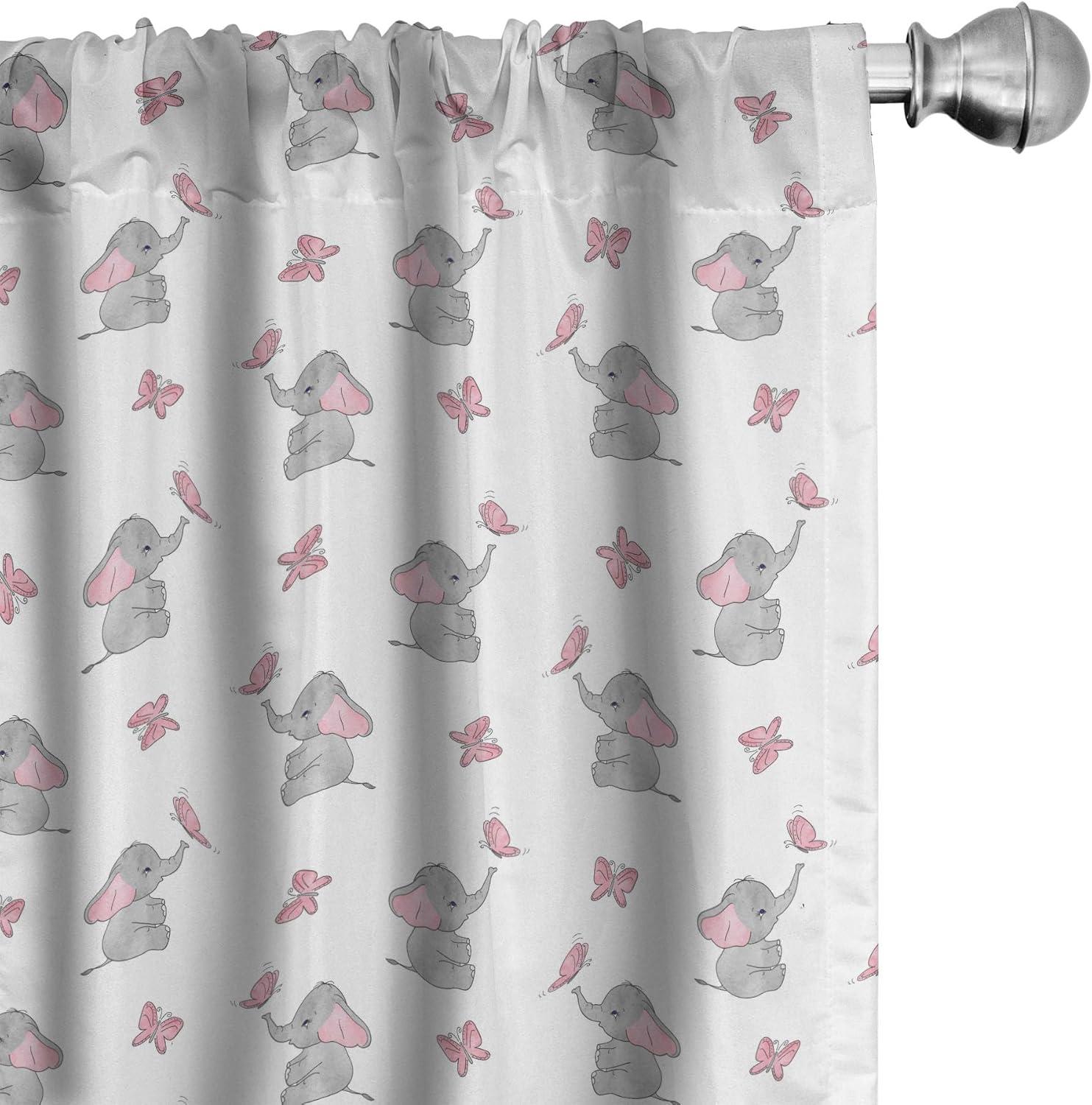 Pale Pink and White Cartoon Elephant Room-Darkening Curtains