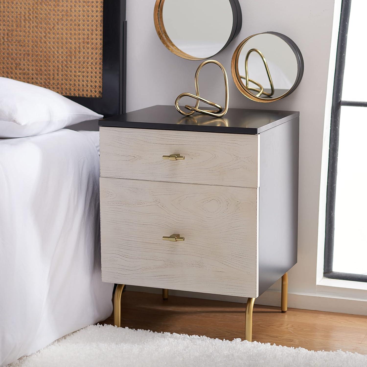 Genevieve Mid-Century Mahogany 2-Drawer Nightstand in Black/White Washed