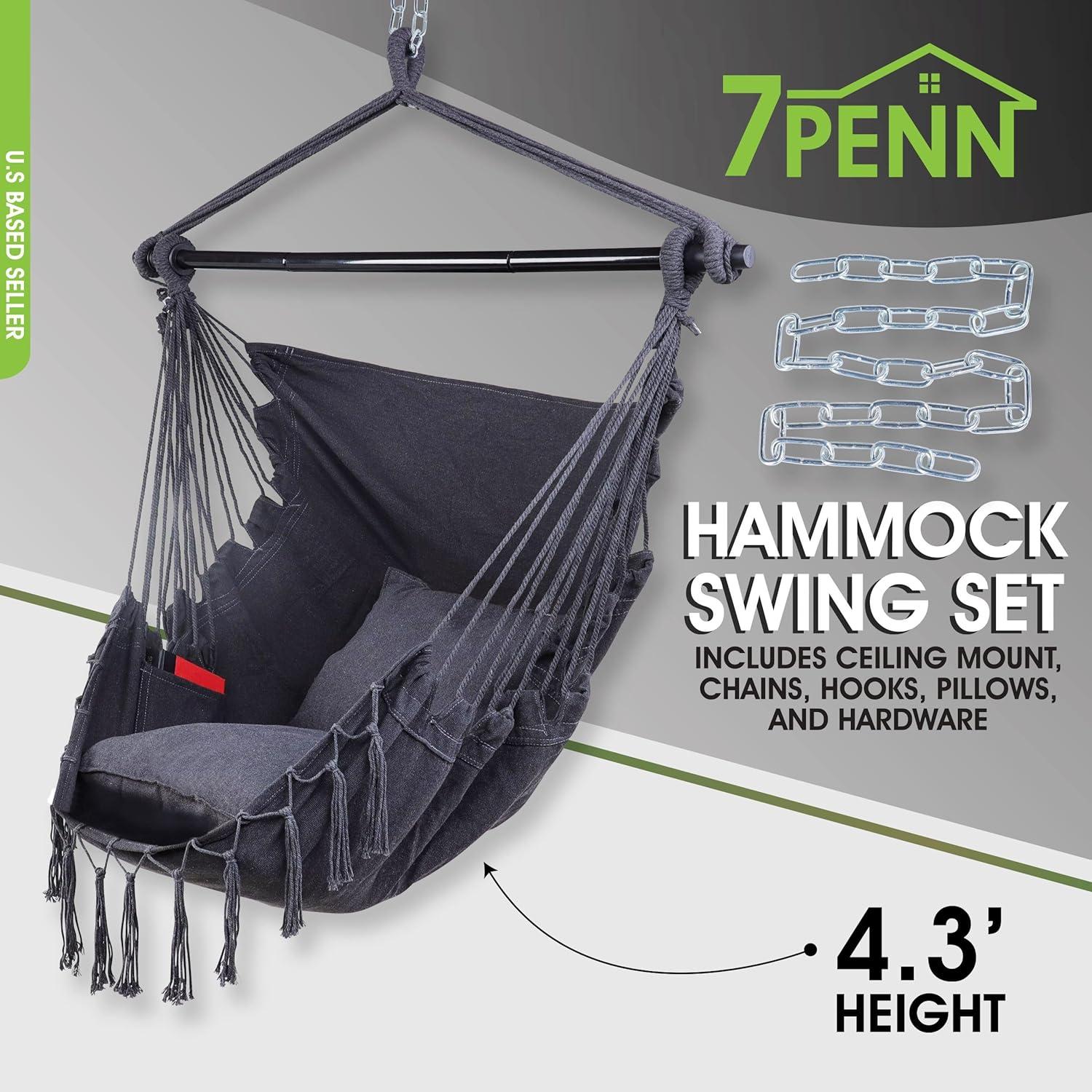 7Penn Hammock Chair Swing - Indoor Outdoor 440lb Max Black Boho Hanging Chair