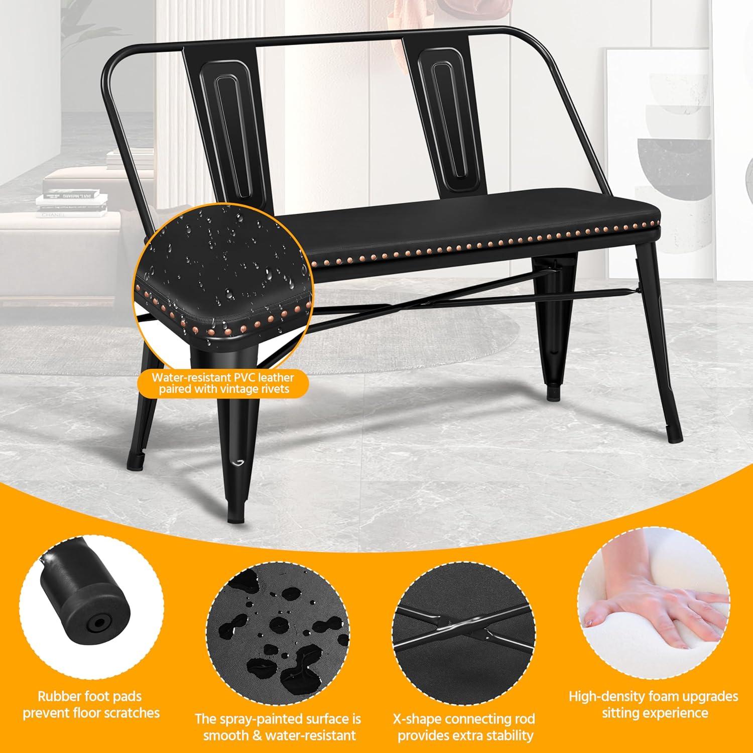 Yaheetech Industrial Metal Dining Bench with Upholstered Seat, Black