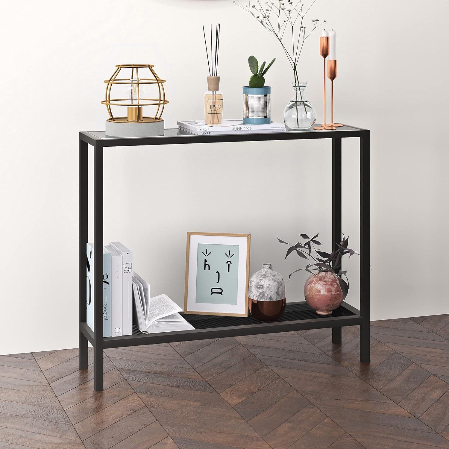 Evelyn&Zoe 46" Blackened Bronze Metal & Glass Console Table with Storage