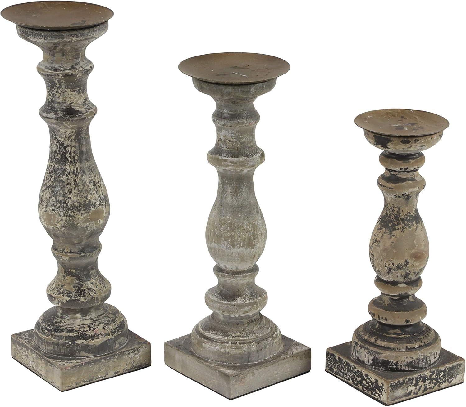 Elegant Rustic Brown Wooden Candlestick Trio, 15" Height