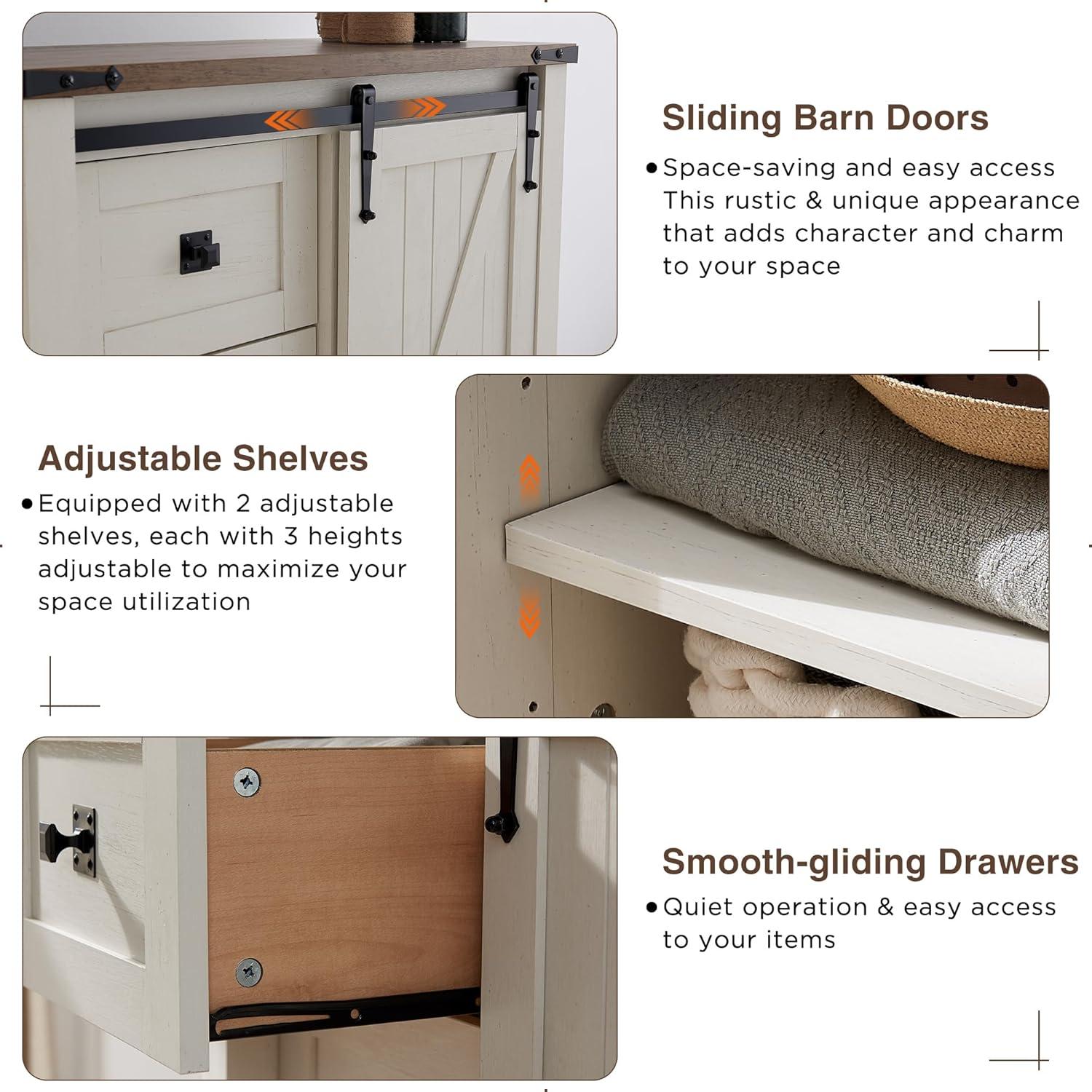 OKD 5 Drawer Dresser with Sliding Barn Door, Farmhouse Modern Storage Cabinet for Bedroom, Chest of Drawers Wood Organizer for Living Room, Antique White